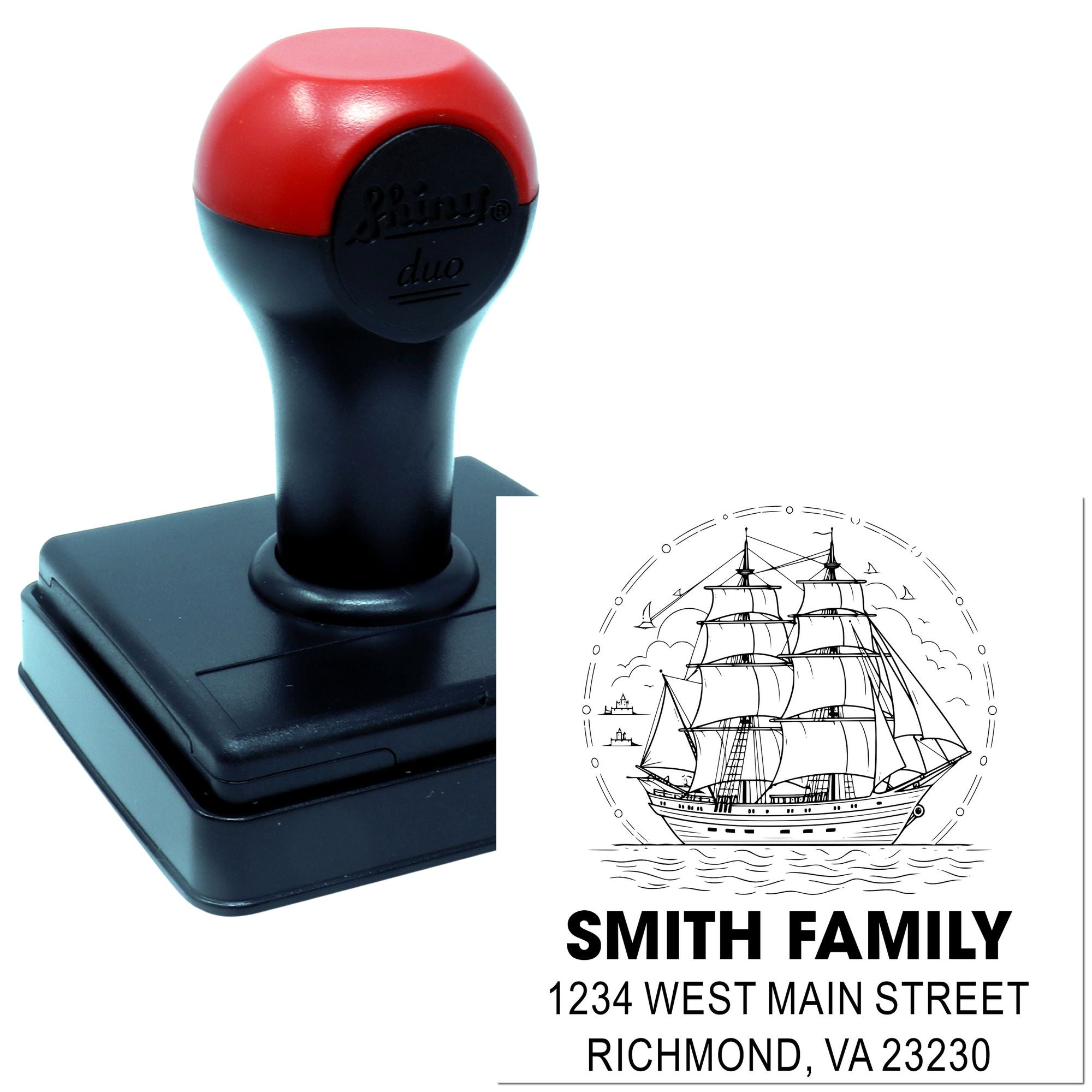 Personalized address rubber stamp with sailing ship artwork for Smith Family, Richmond, VA 23230