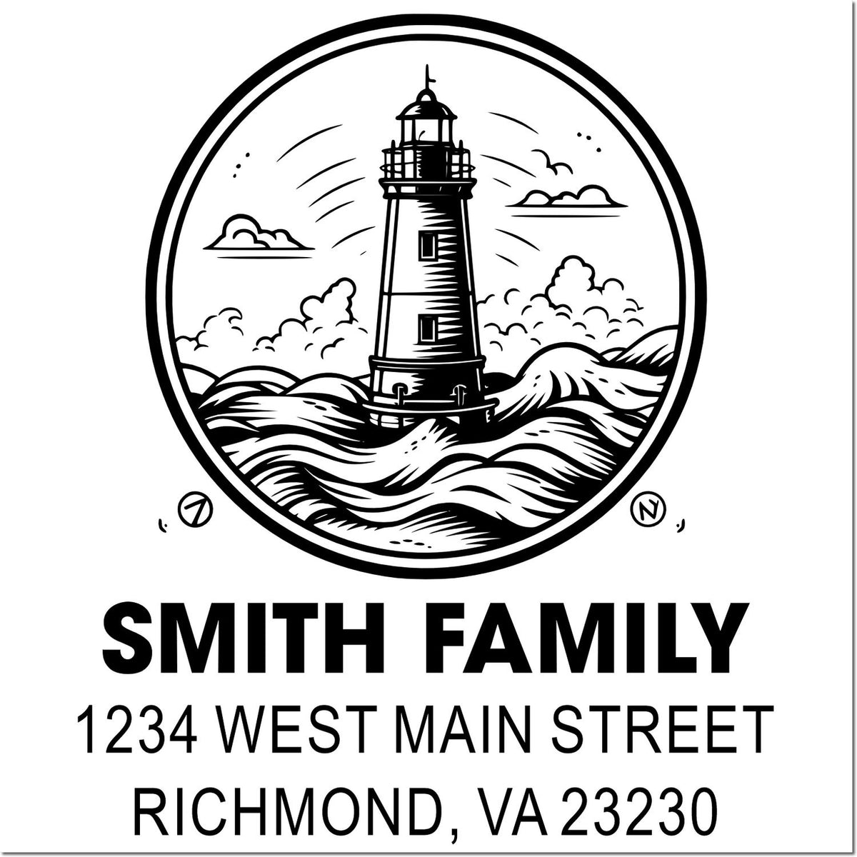 Custom return address rubber stamp with lighthouse design, Smith Family, 1234 West Main Street, Richmond, VA 23230.