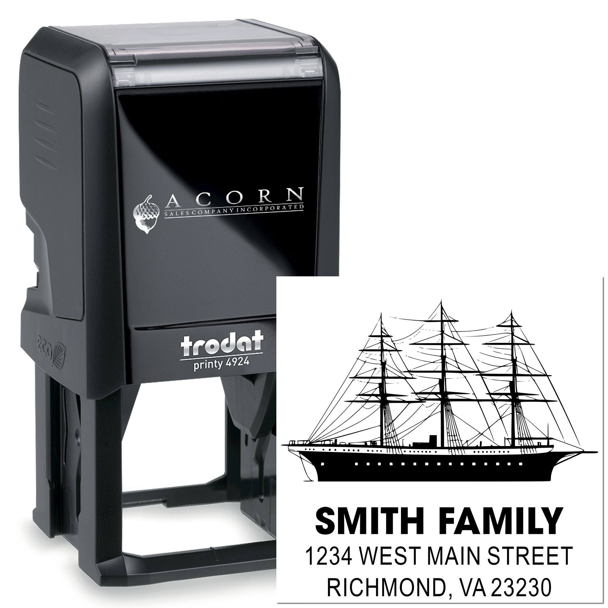 Custom self-inking rubber stamp with ship logo, Smith Family name, and address for return mailing, branding, or shipping labels.