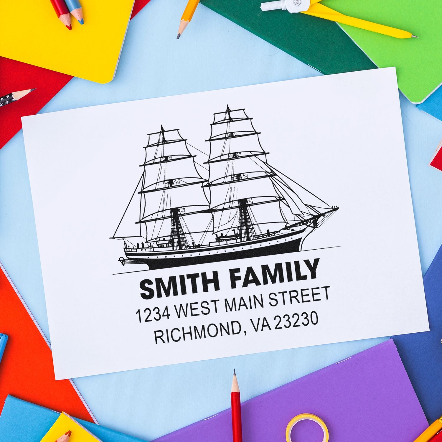 Custom nautical return address rubber stamp with sailing ship design, Smith Family name, and Richmond, VA address.
