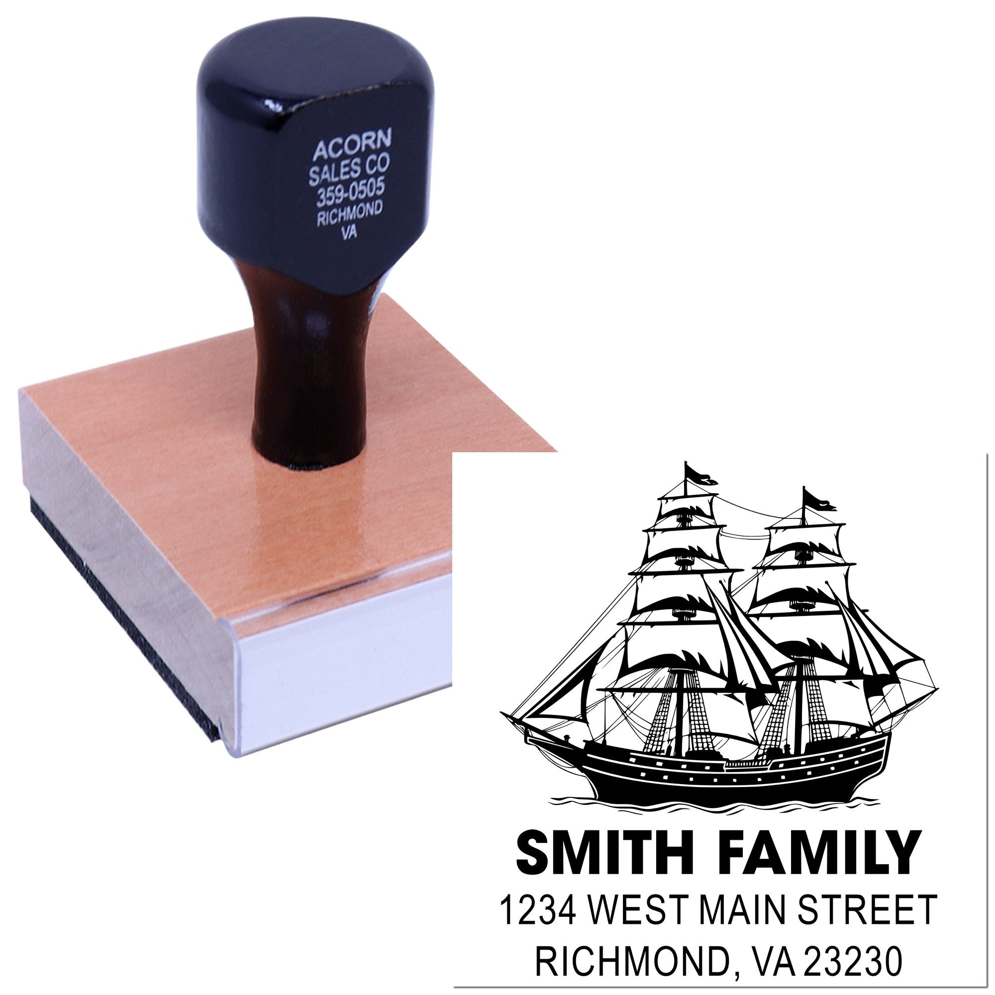 Custom rubber stamp with ship logo and Smith Family address for personalized mailing and return address imprinting.