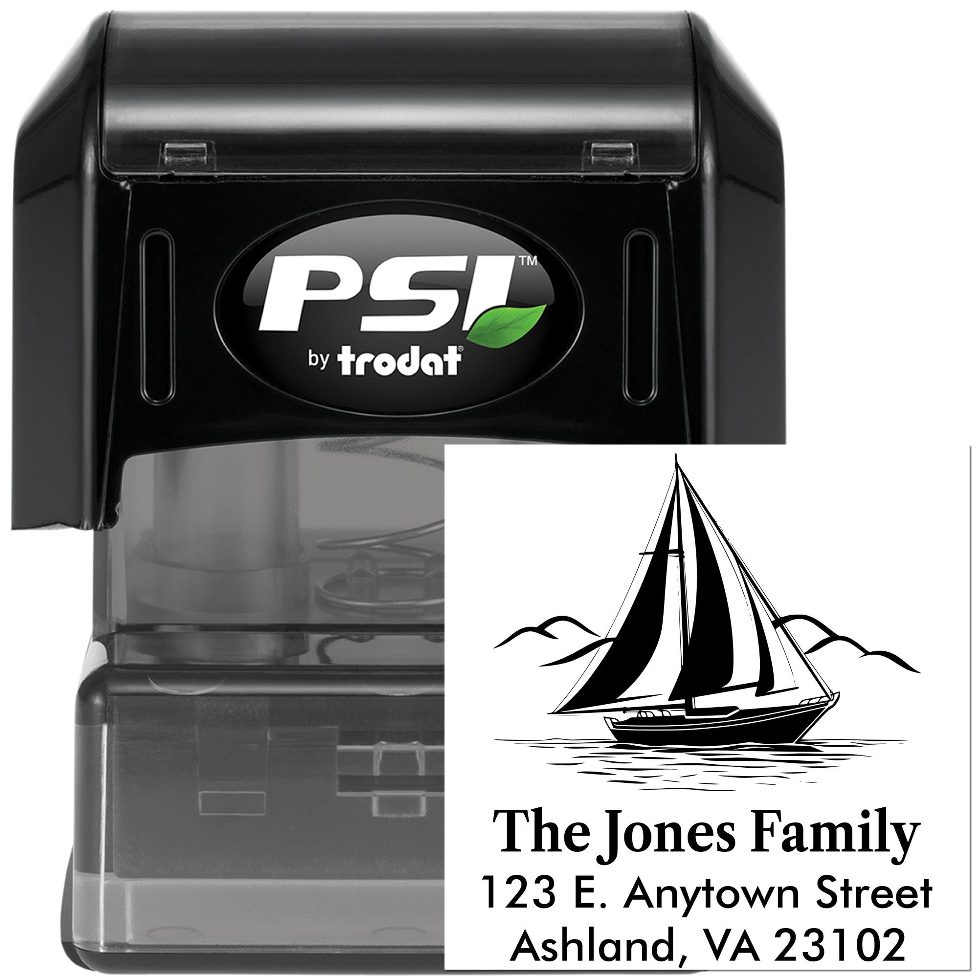 Custom self-inking rubber address stamp with sailboat design, The Jones Family name, and return address by PSI by Trodat.