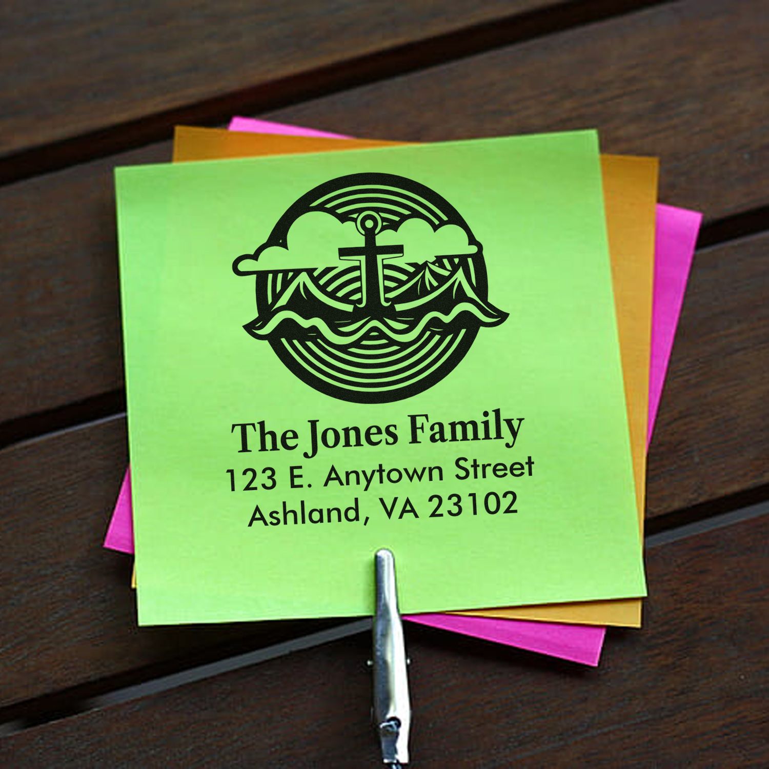 Personalized return address rubber stamp with nautical anchor design for custom envelopes and stationery.