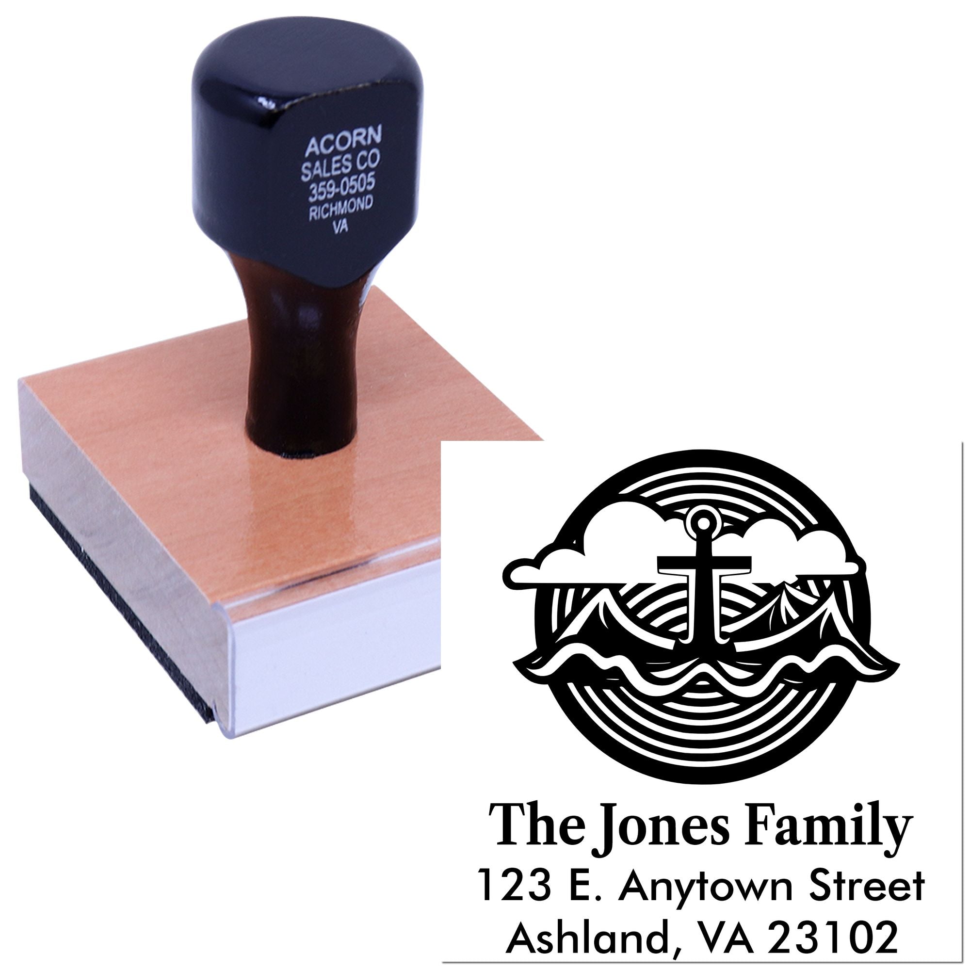 Personalized return address rubber stamp for The Jones Family, Ashland VA, with decorative cross logo.