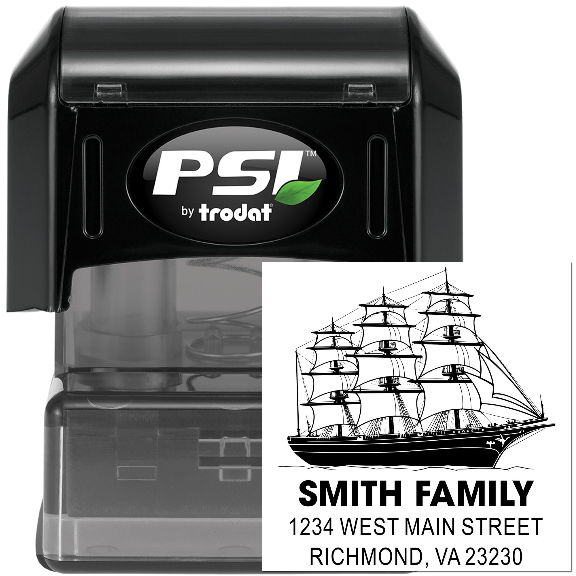 PSI by Trodat self-inking custom address rubber stamp with ship design and Smith Family imprint sample
