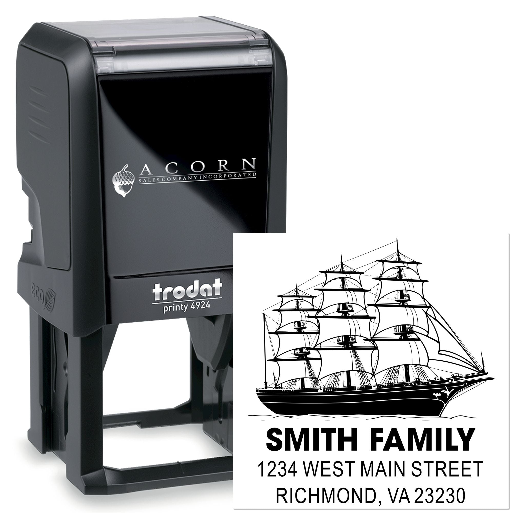 Personalized self-inking rubber stamp with ship artwork, Smith Family name, and return address for mailing.