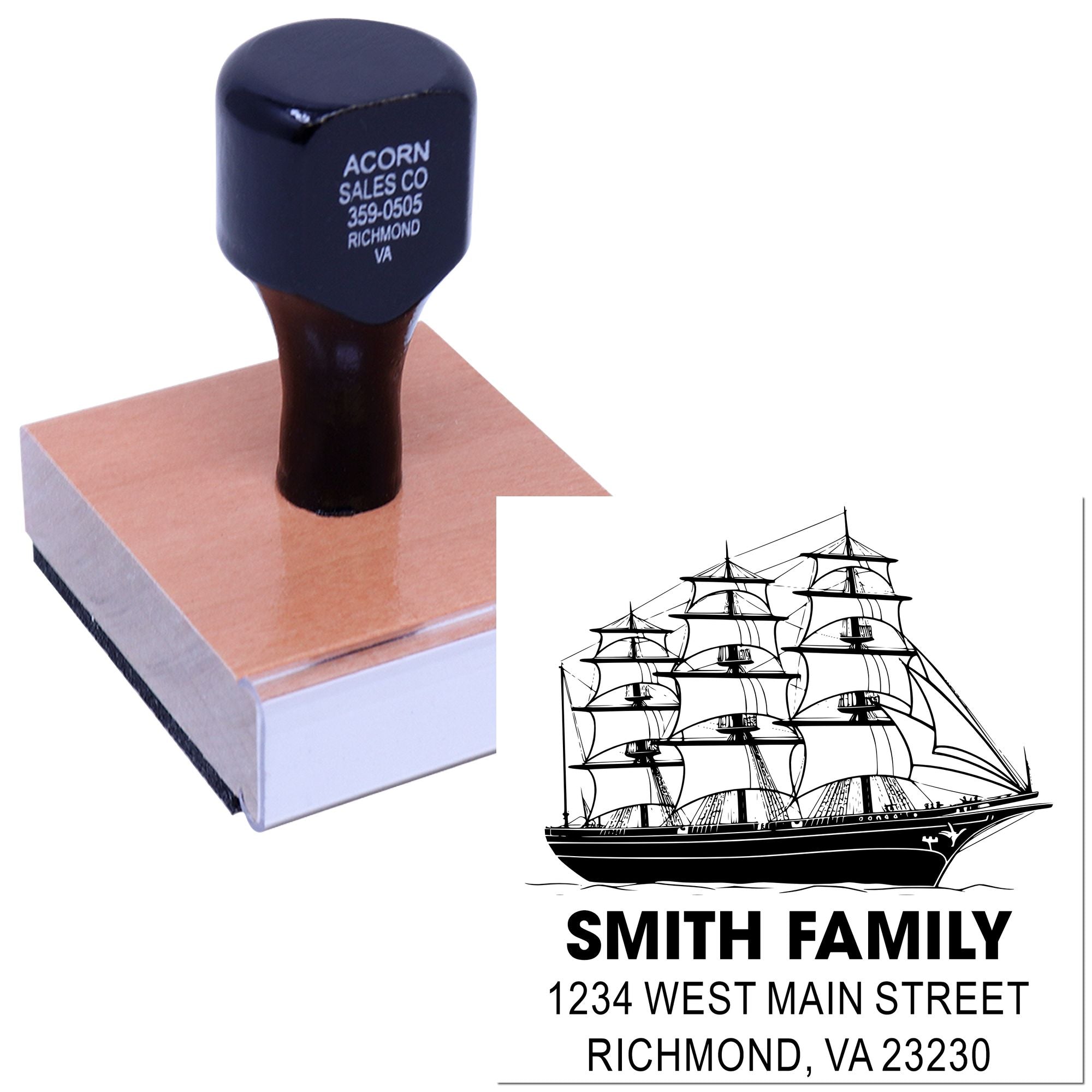 Custom return address rubber stamp with sailing ship design for Smith Family, Richmond, VA 23230.