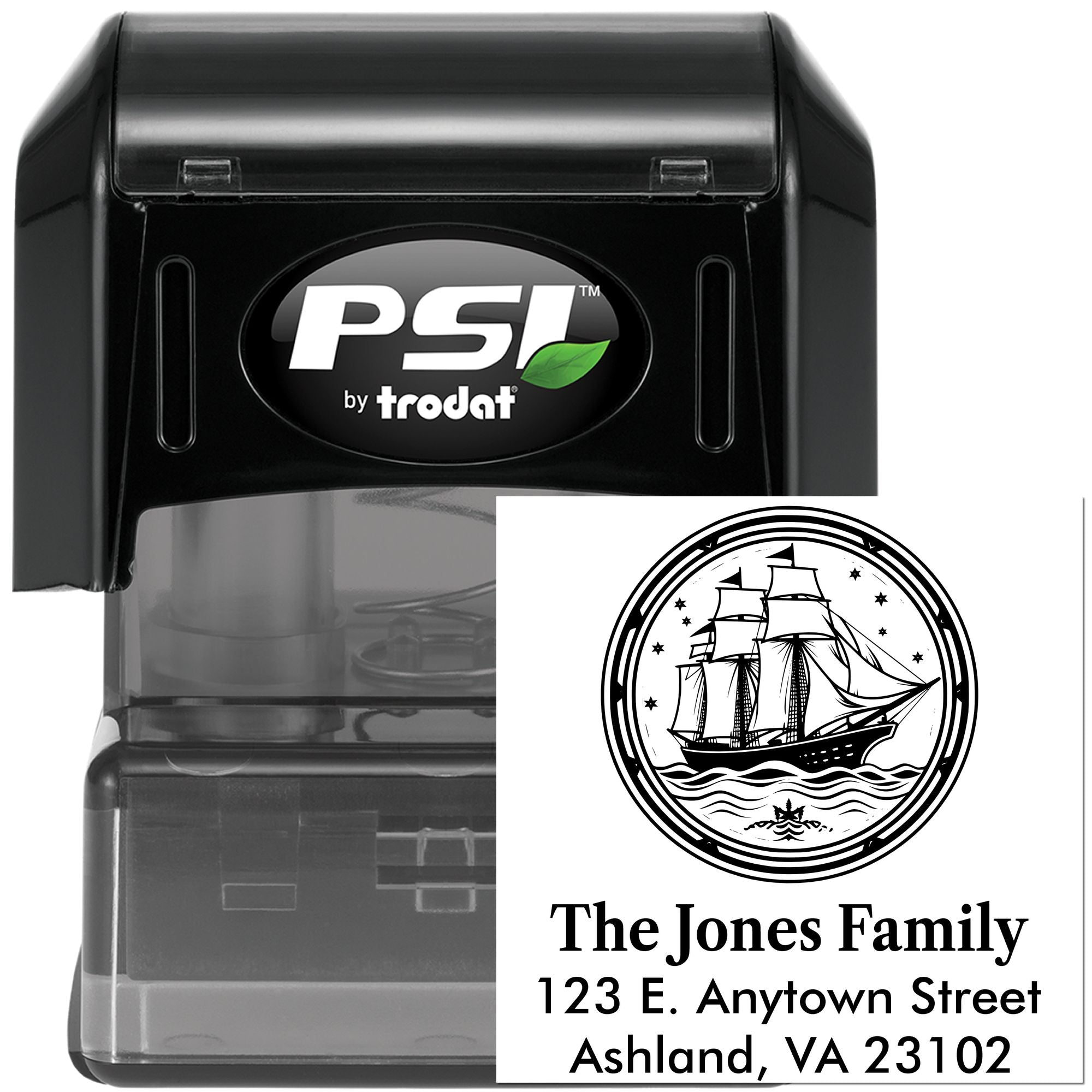 Personalized self-inking PSI by Trodat rubber stamp with nautical return address design for custom family mailing labels.