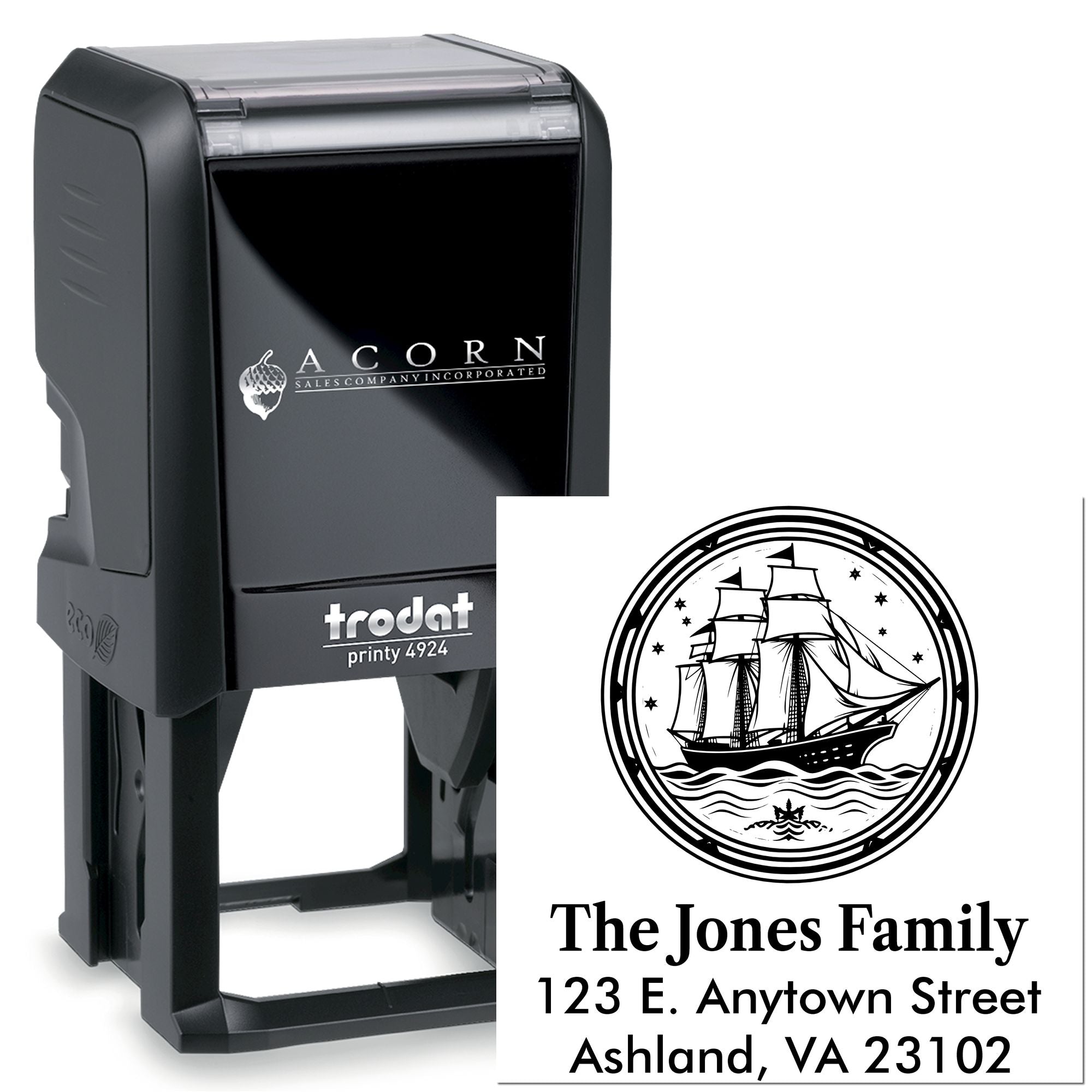 Custom self-inking rubber address stamp with nautical ship design, The Jones Family, for personalized mailing and return addresses.