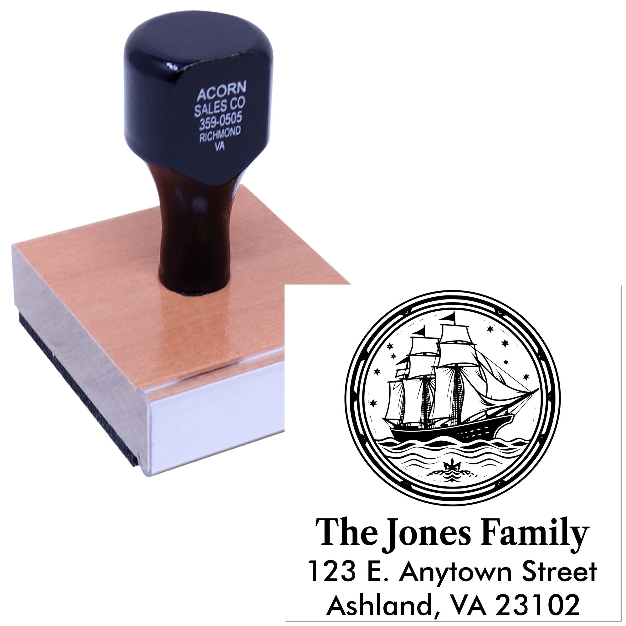 Custom rubber stamp for personalized return address imprint with ship logo, family name, and mailing details.