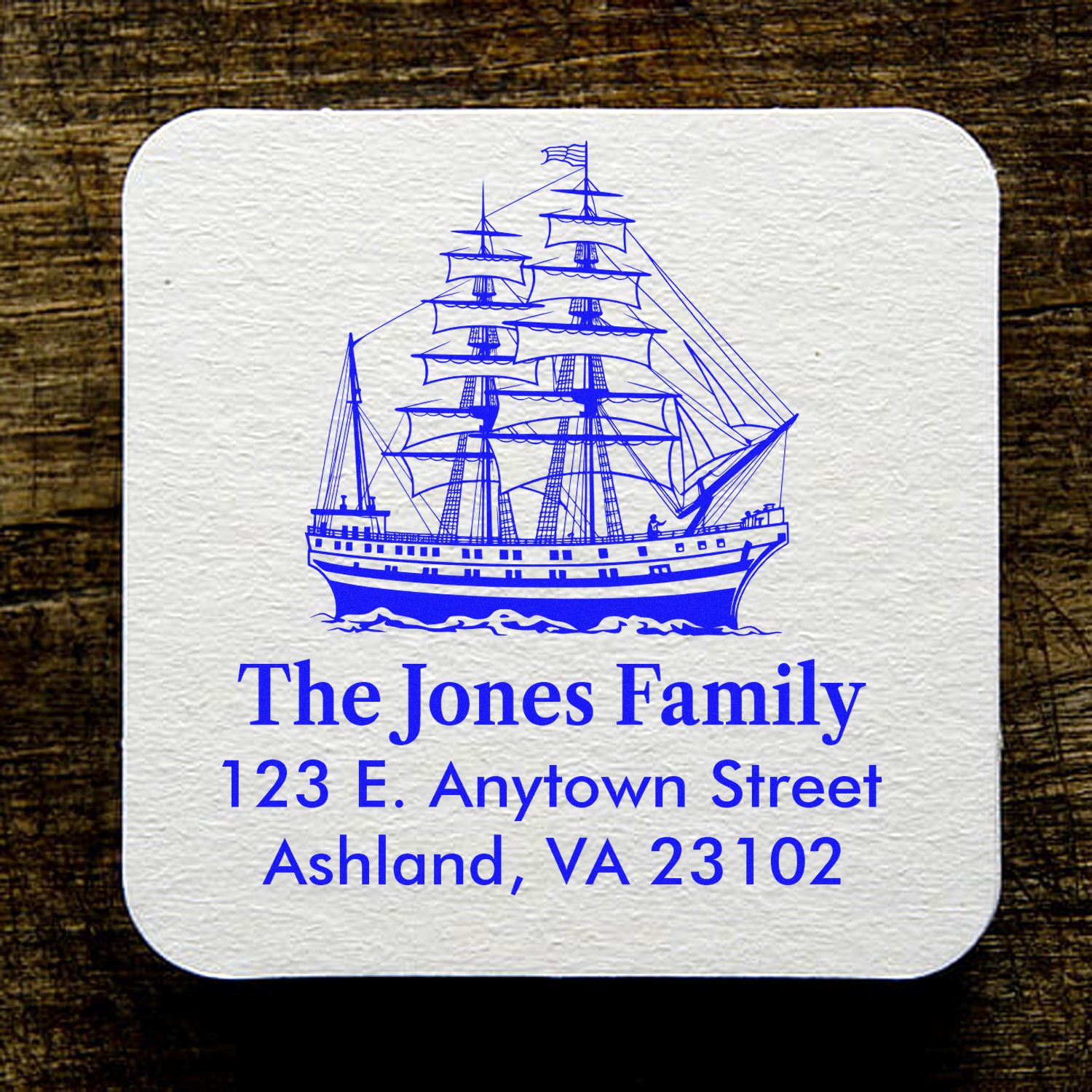 Custom nautical return address rubber stamp with tall ship design for The Jones Family, Ashland, VA 23102.