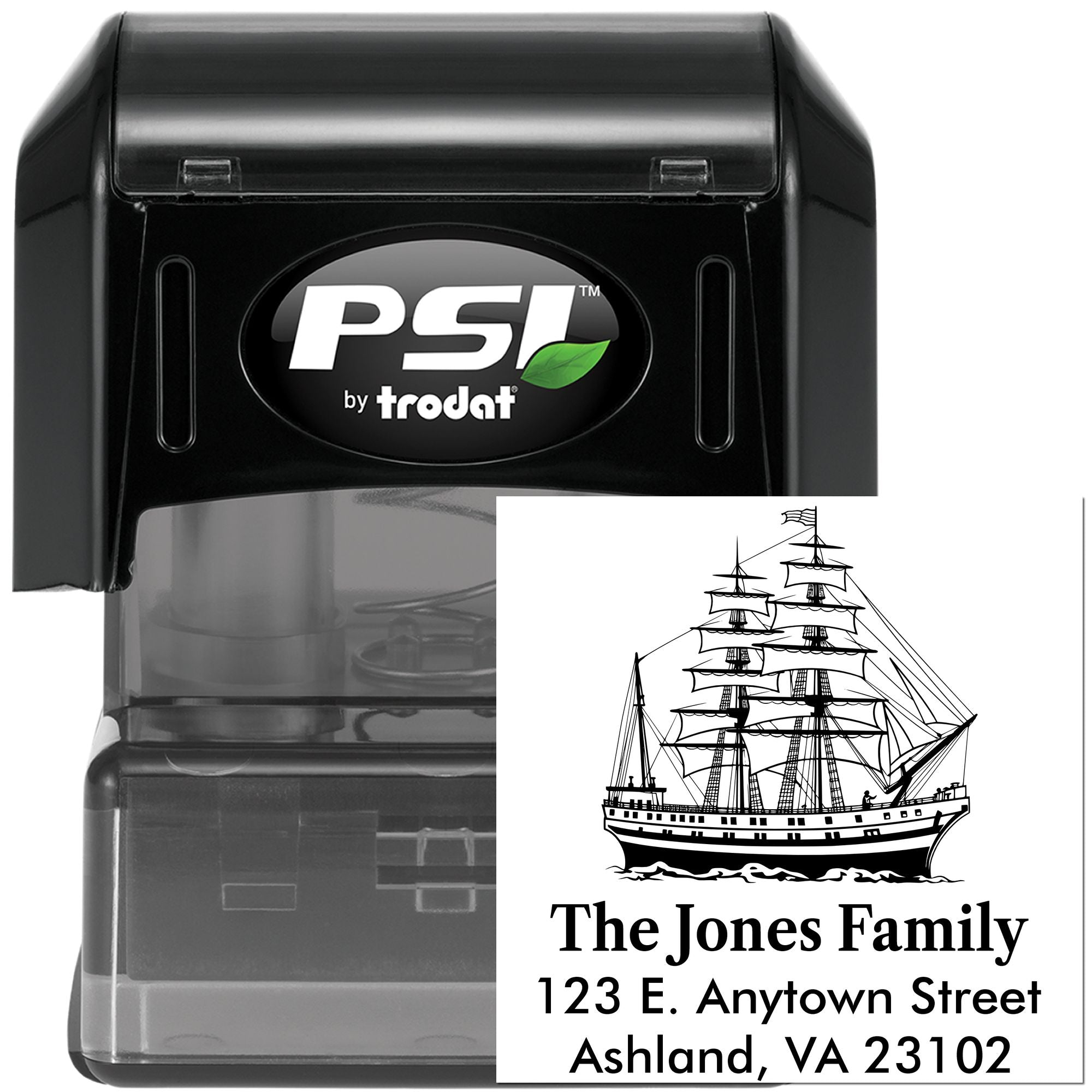 Custom self-inking address rubber stamp with sailing ship design, ideal for family mailings by PSI Trodat