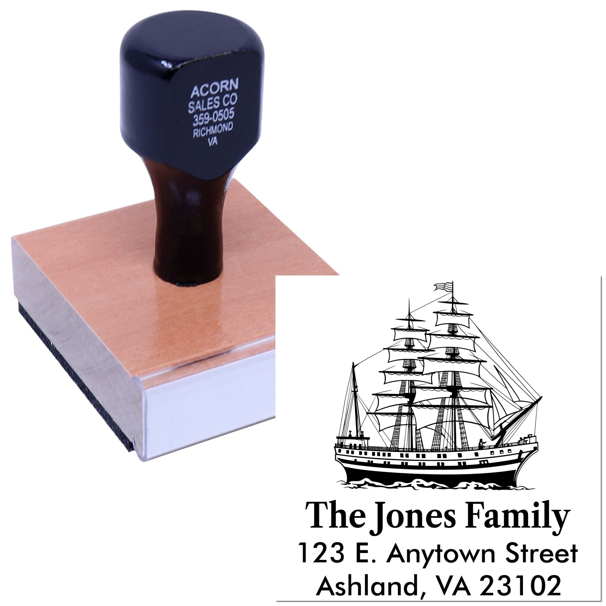 Custom return address rubber stamp with ship design for personalized family mailing and stationery