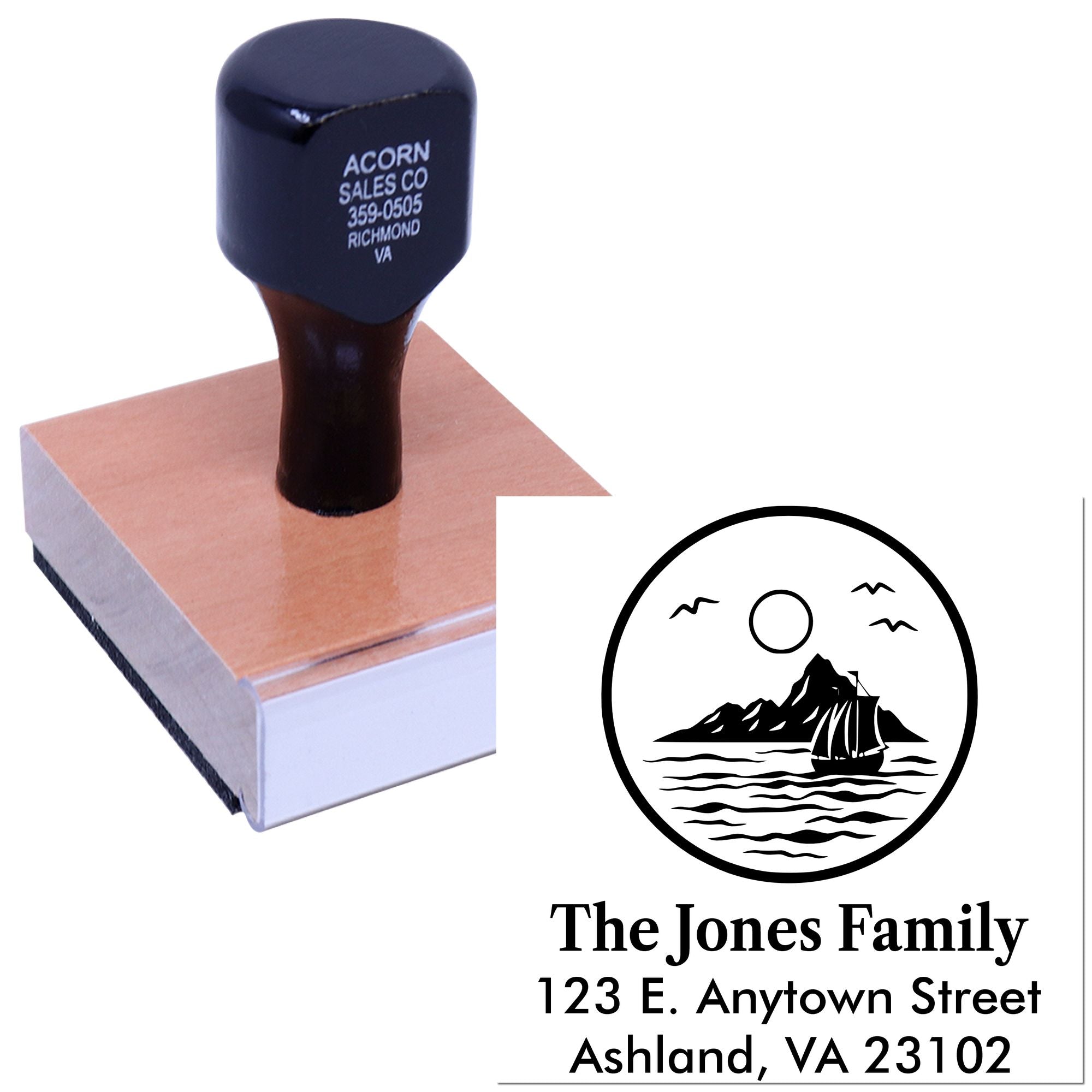 Custom family return address rubber stamp with scenic logo design for personalized envelopes and mailings