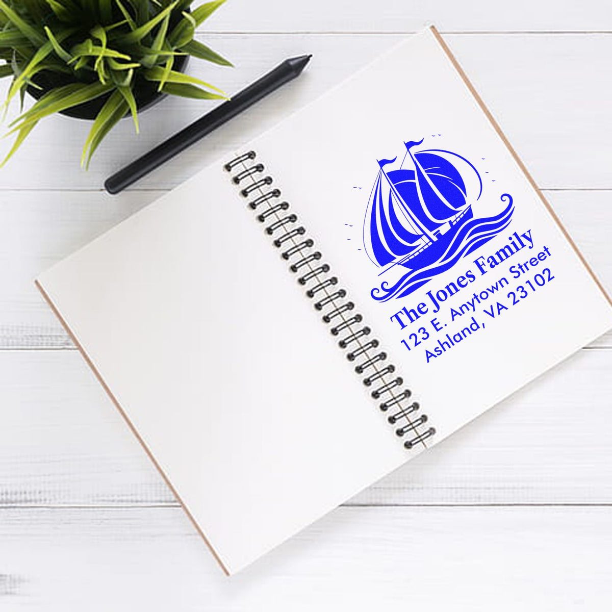 Custom family return address rubber stamp with sailboat design for personalized mailing and stationery