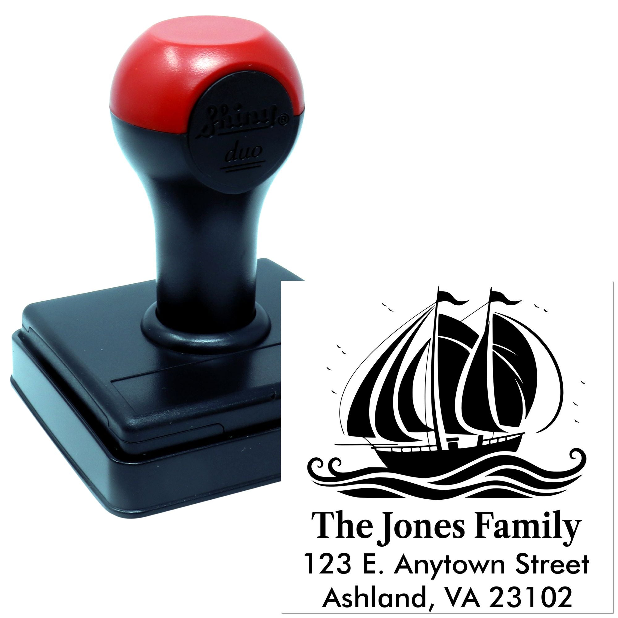 Self-inking custom address rubber stamp with sailboat logo for The Jones Family, Ashland, VA 23102