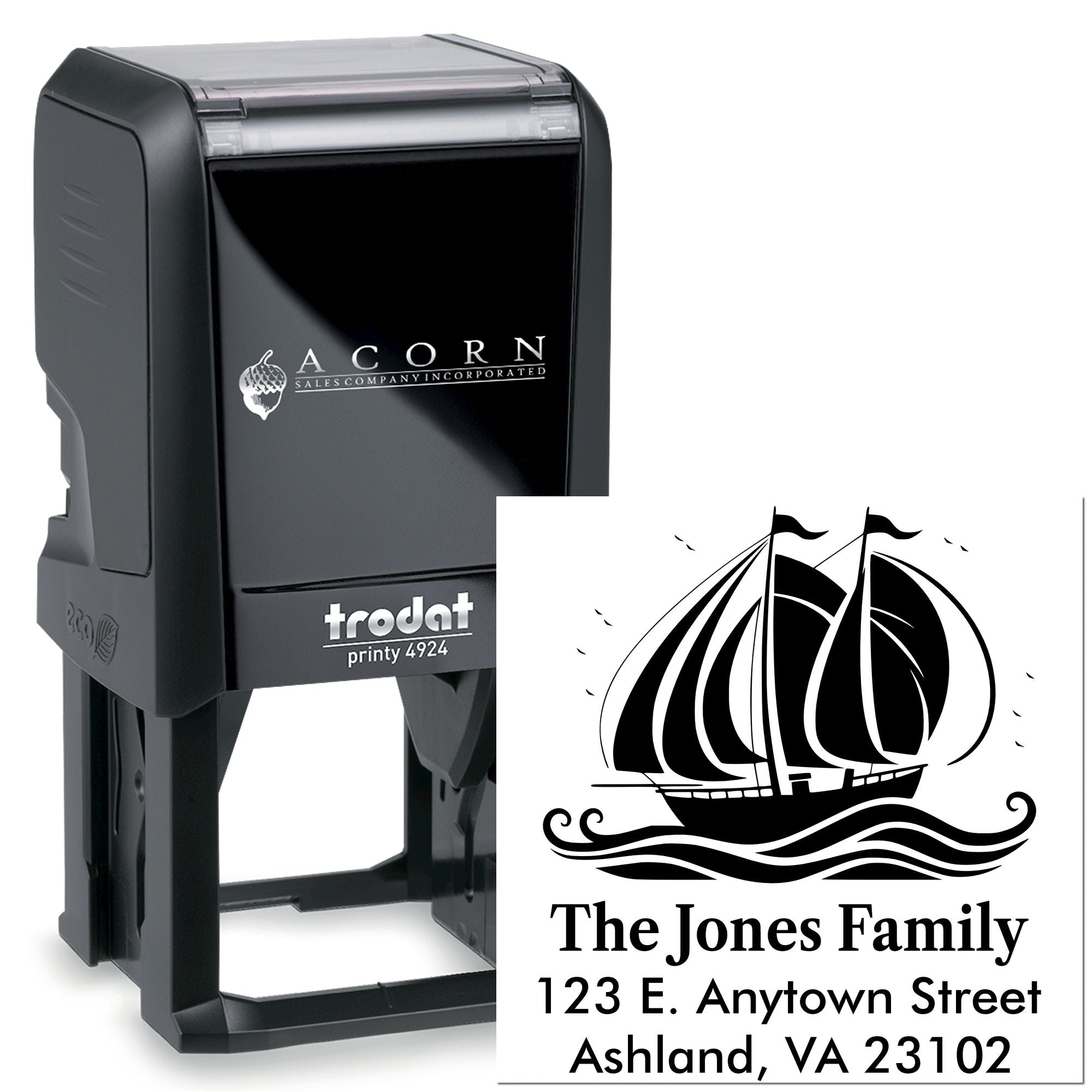 Custom self-inking address rubber stamp with sailboat family design for personalized mailing and return addresses.