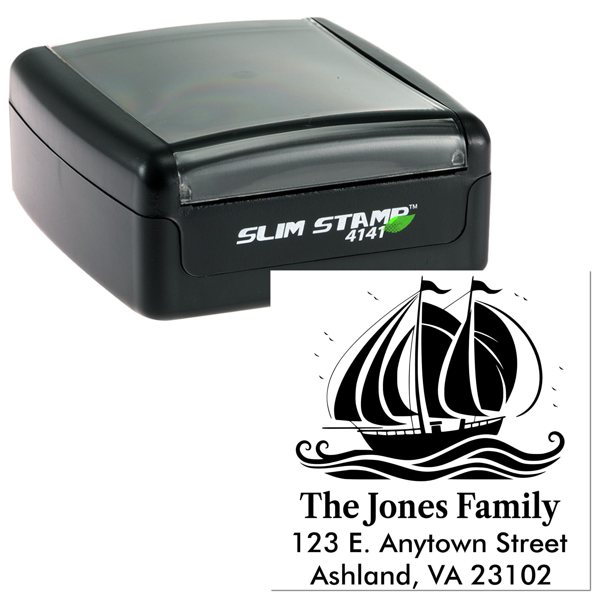 Custom self-inking address rubber stamp with sailboat design for The Jones Family, Ashland, VA 23102.