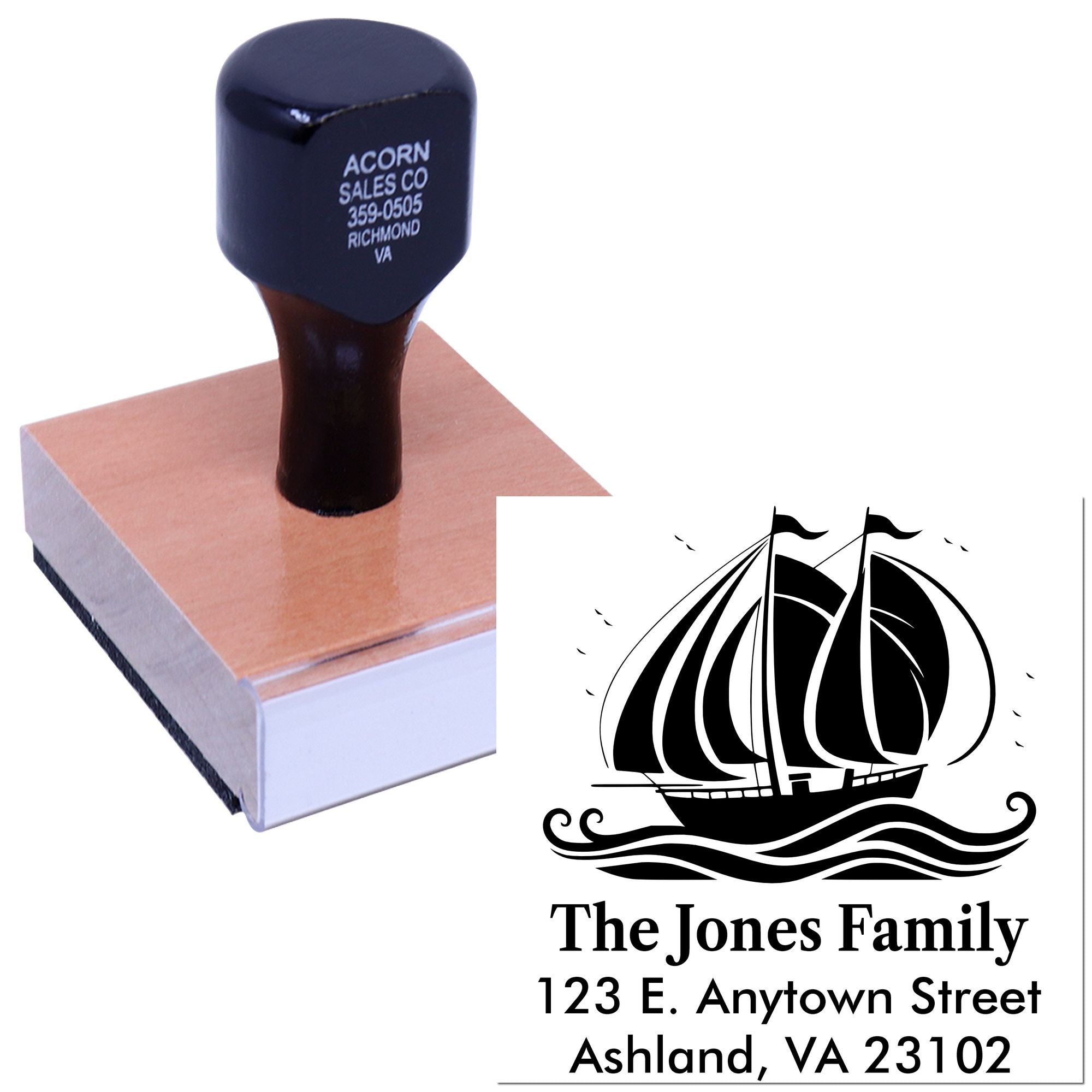 Custom sailboat family address rubber stamp with name and address for personalized mailing and stationery.