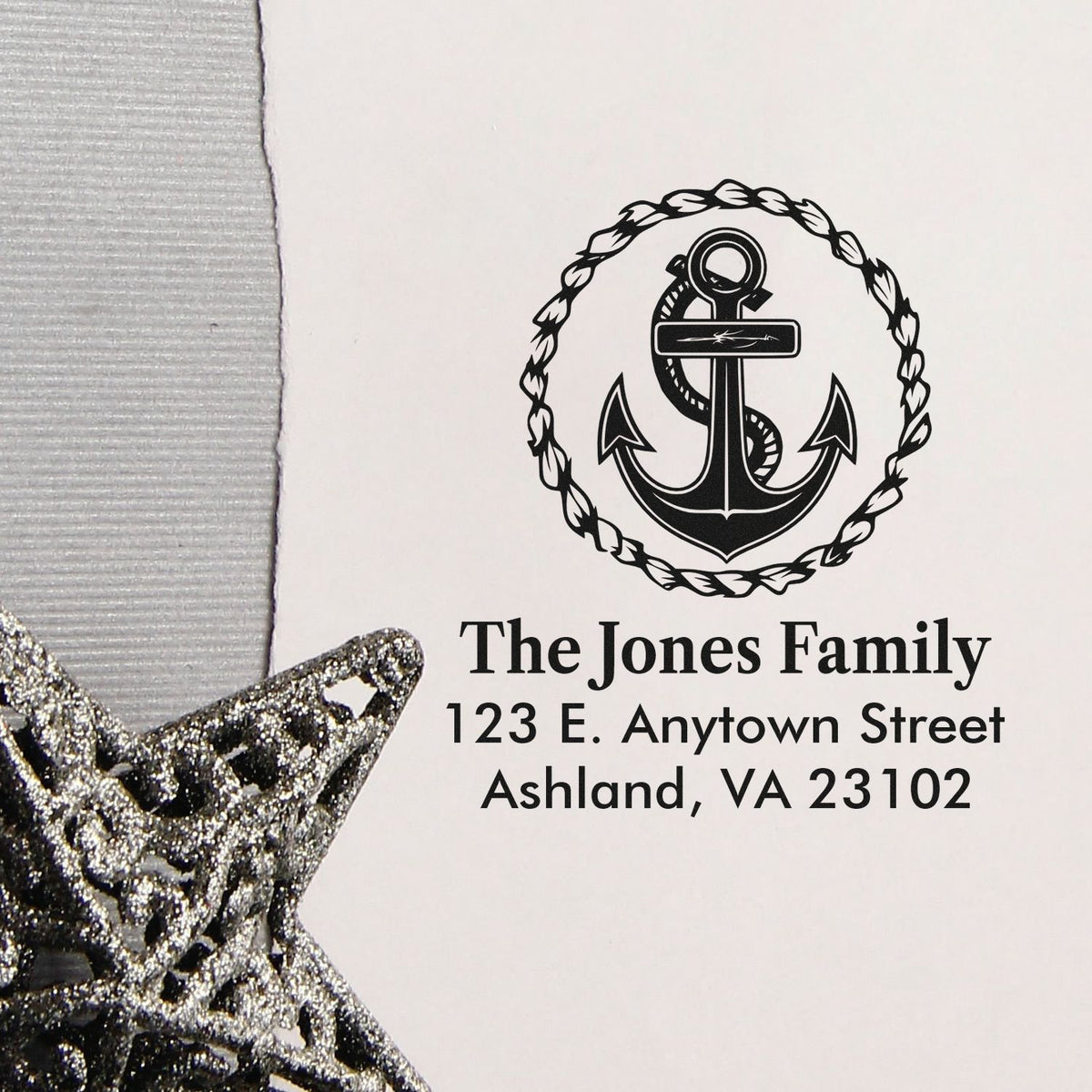 Custom nautical return address rubber stamp with anchor design and family name, Ashland, VA.