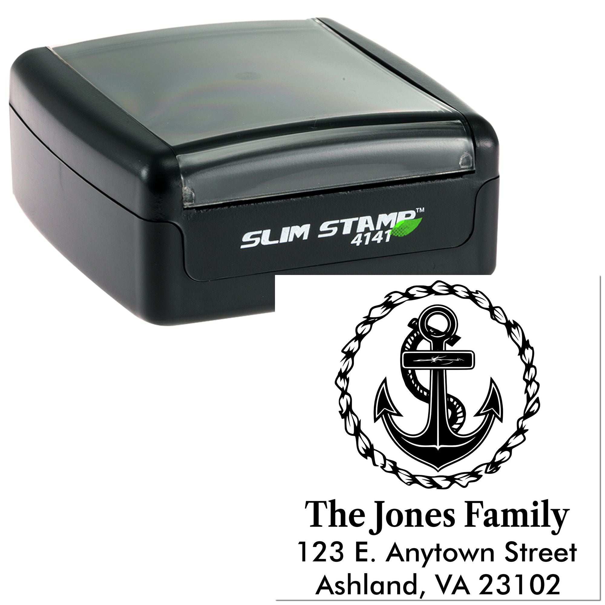 Self-inking rubber address stamp with anchor design, family name, and return address for personalized mail and stationery.