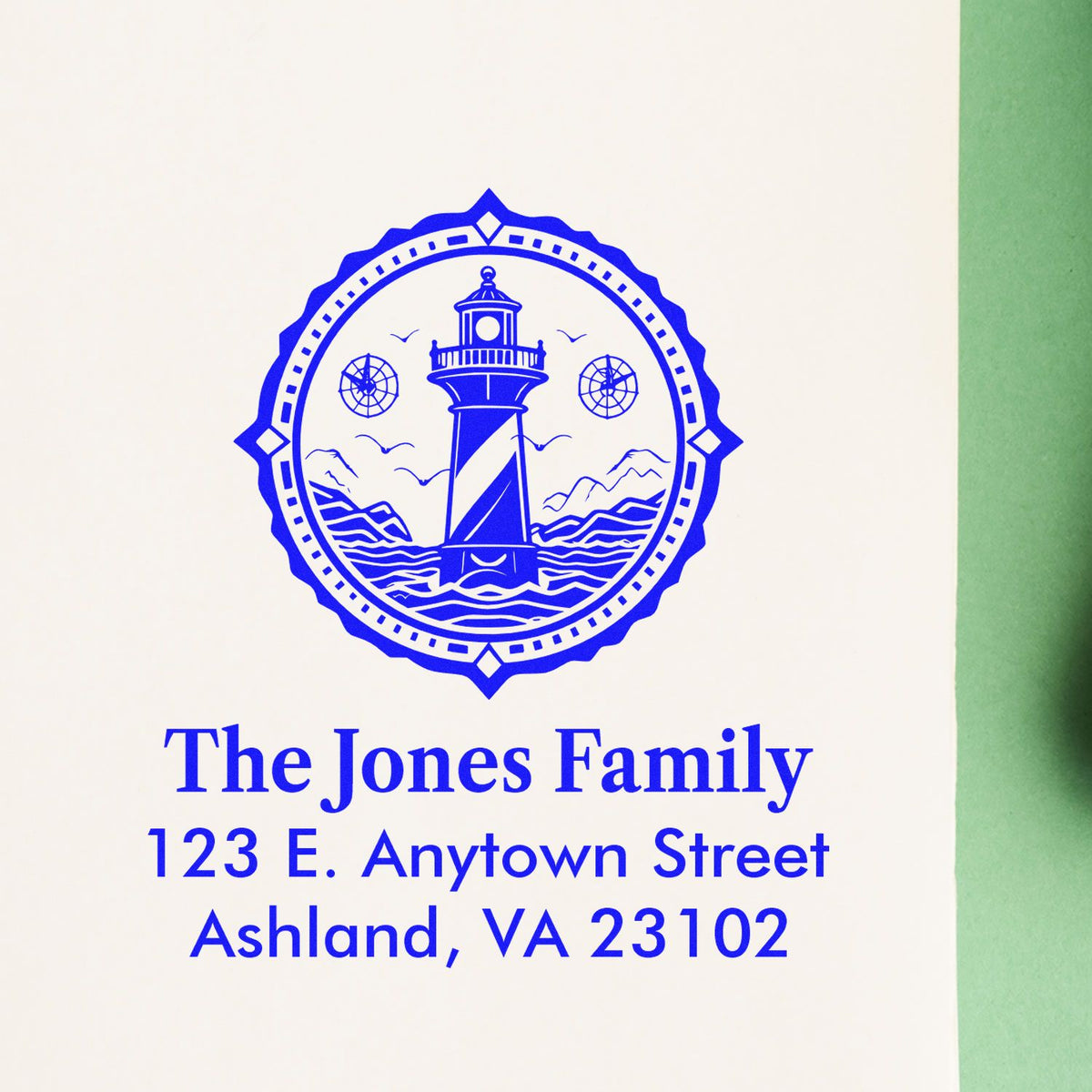 Custom return address rubber stamp with lighthouse emblem for The Jones Family, Ashland, VA 23102.