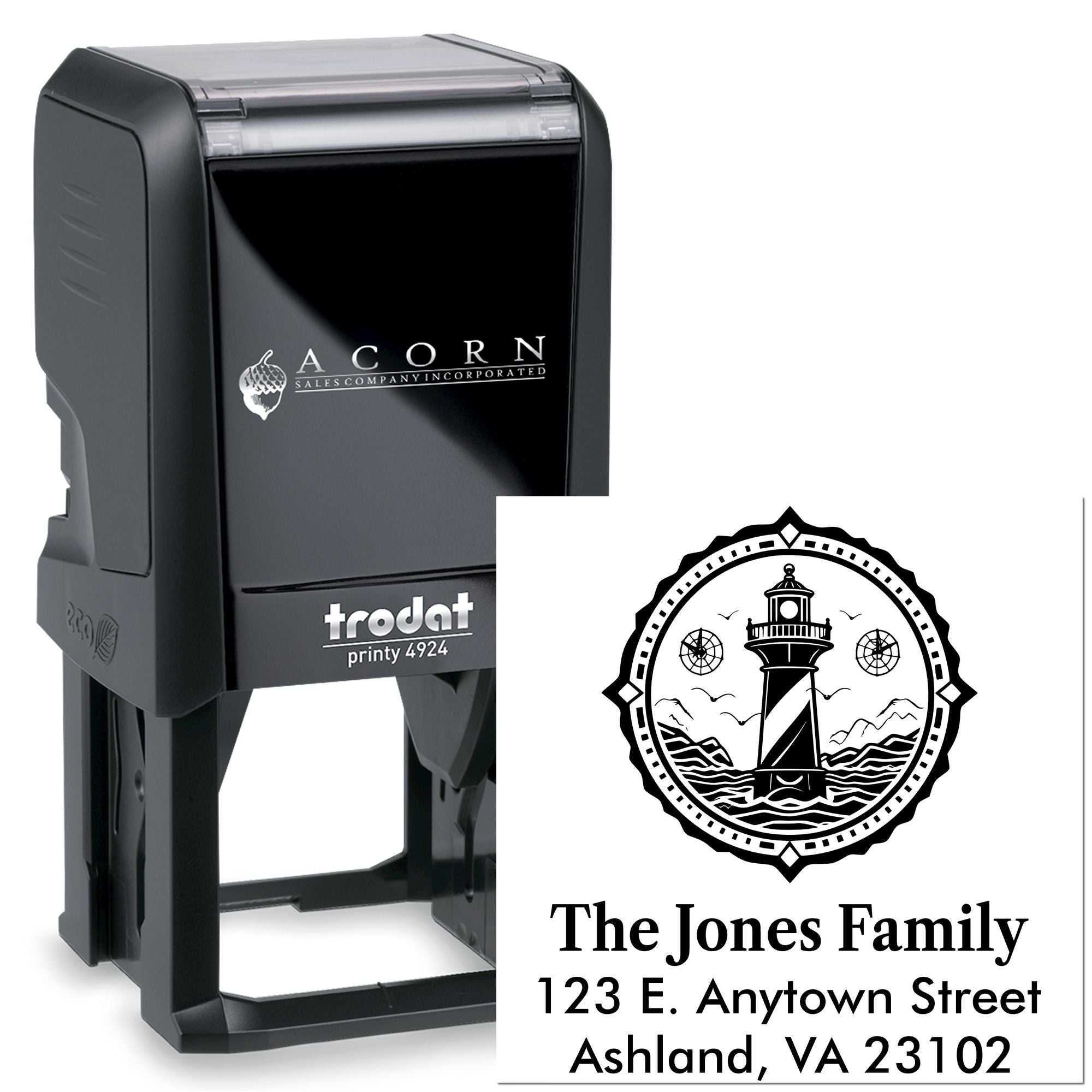 Custom self-inking return address rubber stamp with lighthouse family design and personalized address for envelopes and mail.