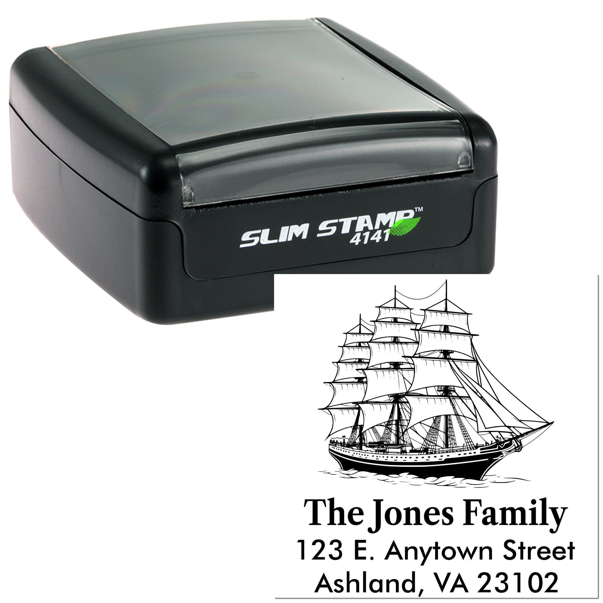Custom Slim Stamp address rubber stamp with sailing ship design for The Jones Family, Ashland VA return address imprint.