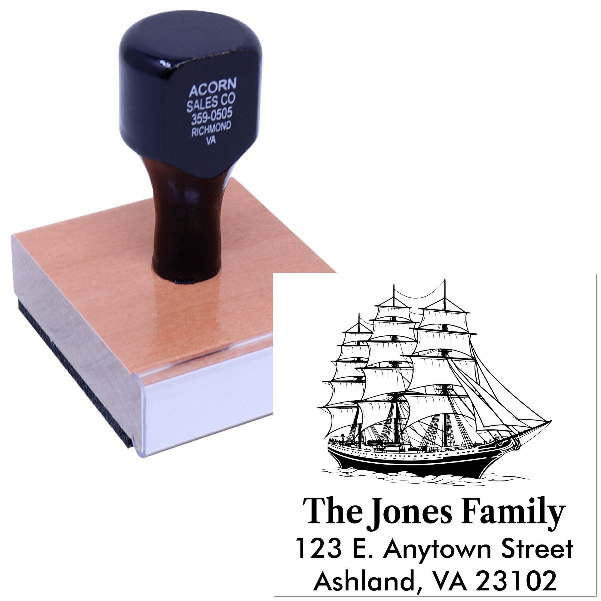 Personalized return address rubber stamp with sailboat logo for custom mailing and family correspondence.