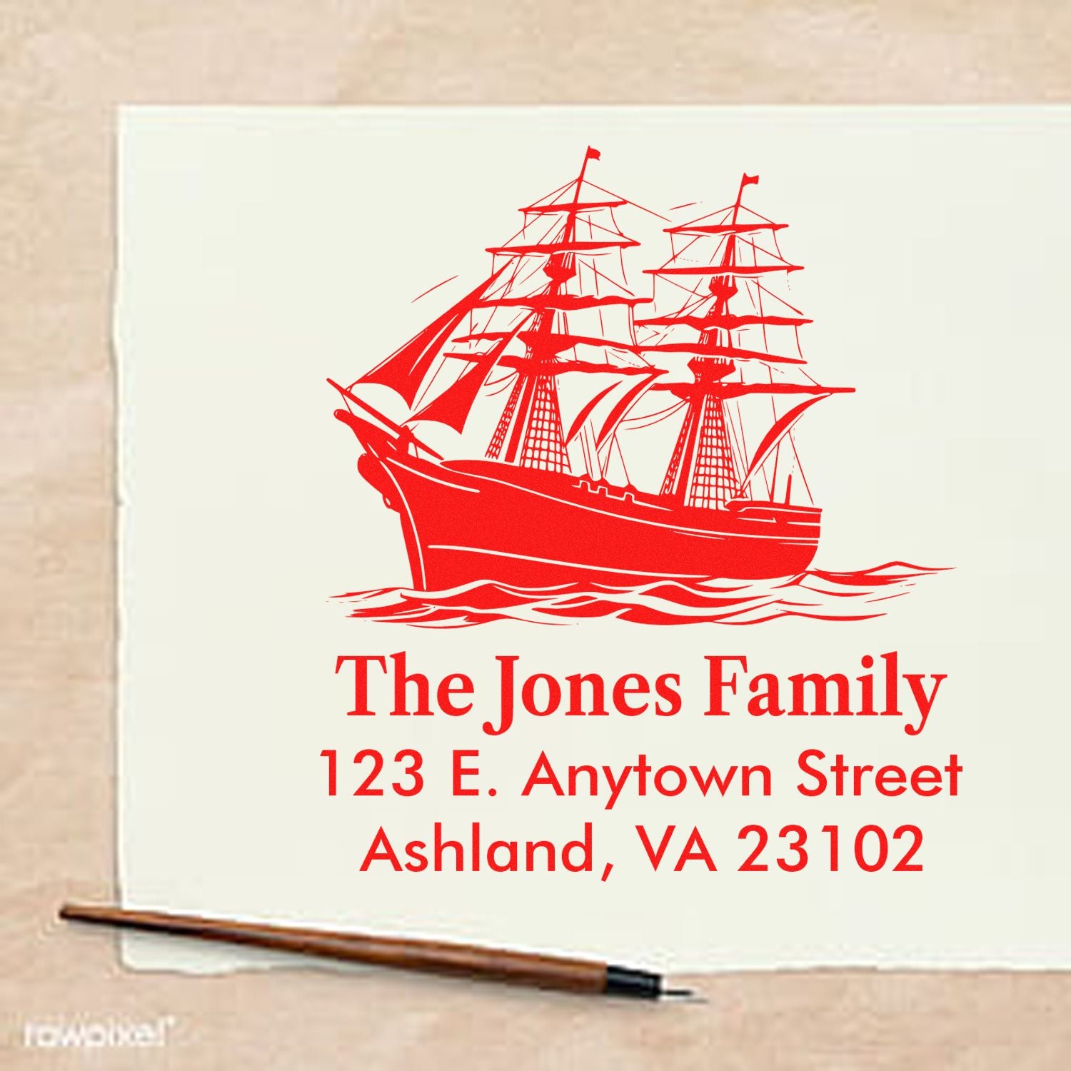Personalized return address rubber stamp with sailing ship design for The Jones Family, Ashland, VA