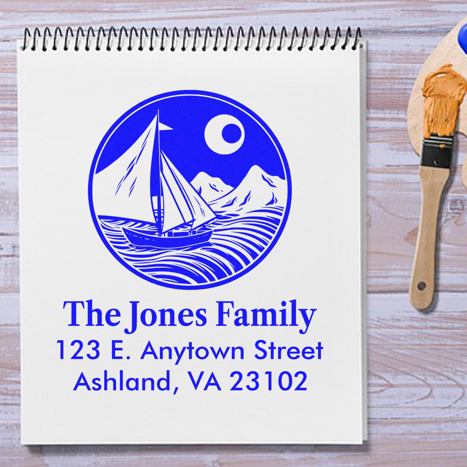 Custom sailboat family address rubber stamp for The Jones Family, 123 E. Anytown Street, Ashland, VA 23102