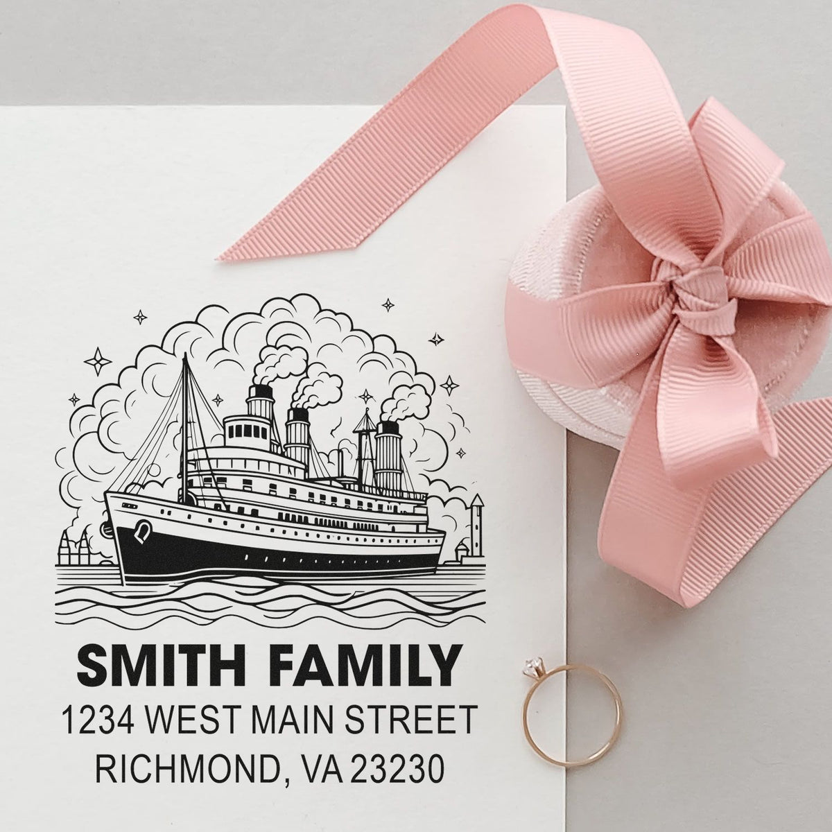 Custom nautical rubber stamp with vintage steamboat design for personalized family return address, Smith Family Richmond VA.