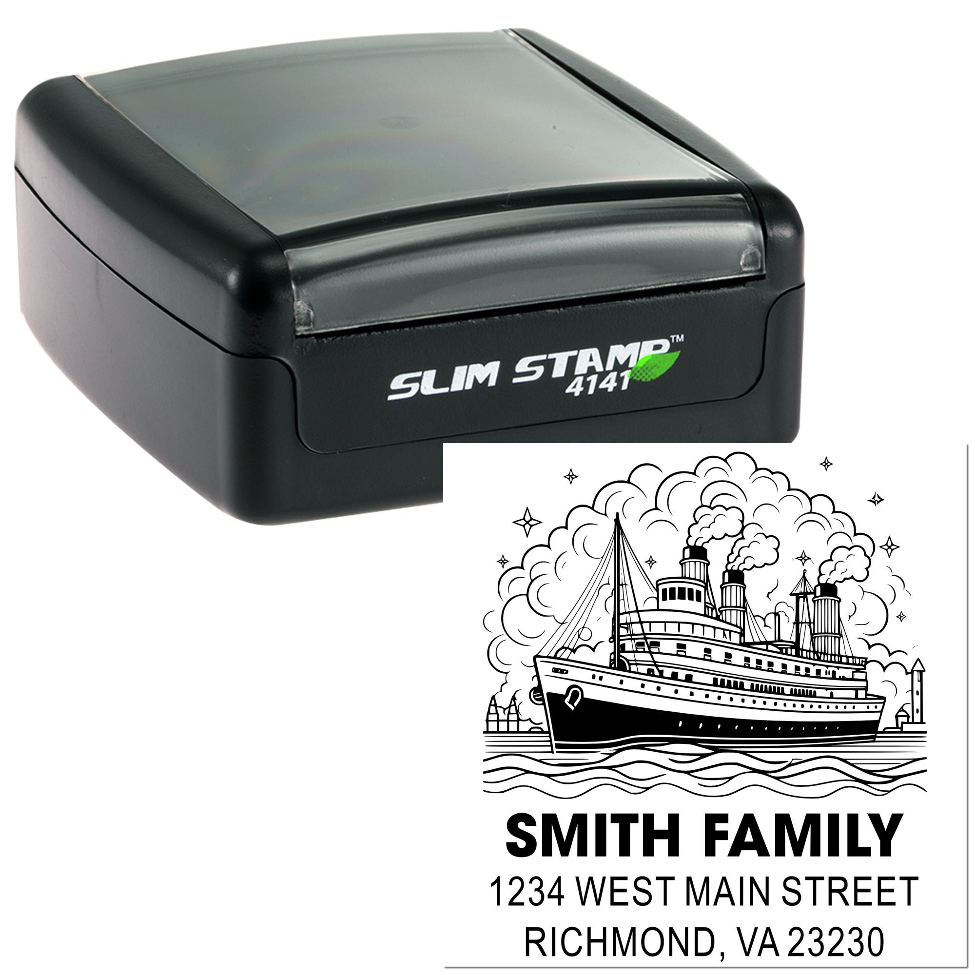 Custom self-inking rubber stamp with ship design, family name, and address for mailing, shown with Slim Stamp 4141 case.