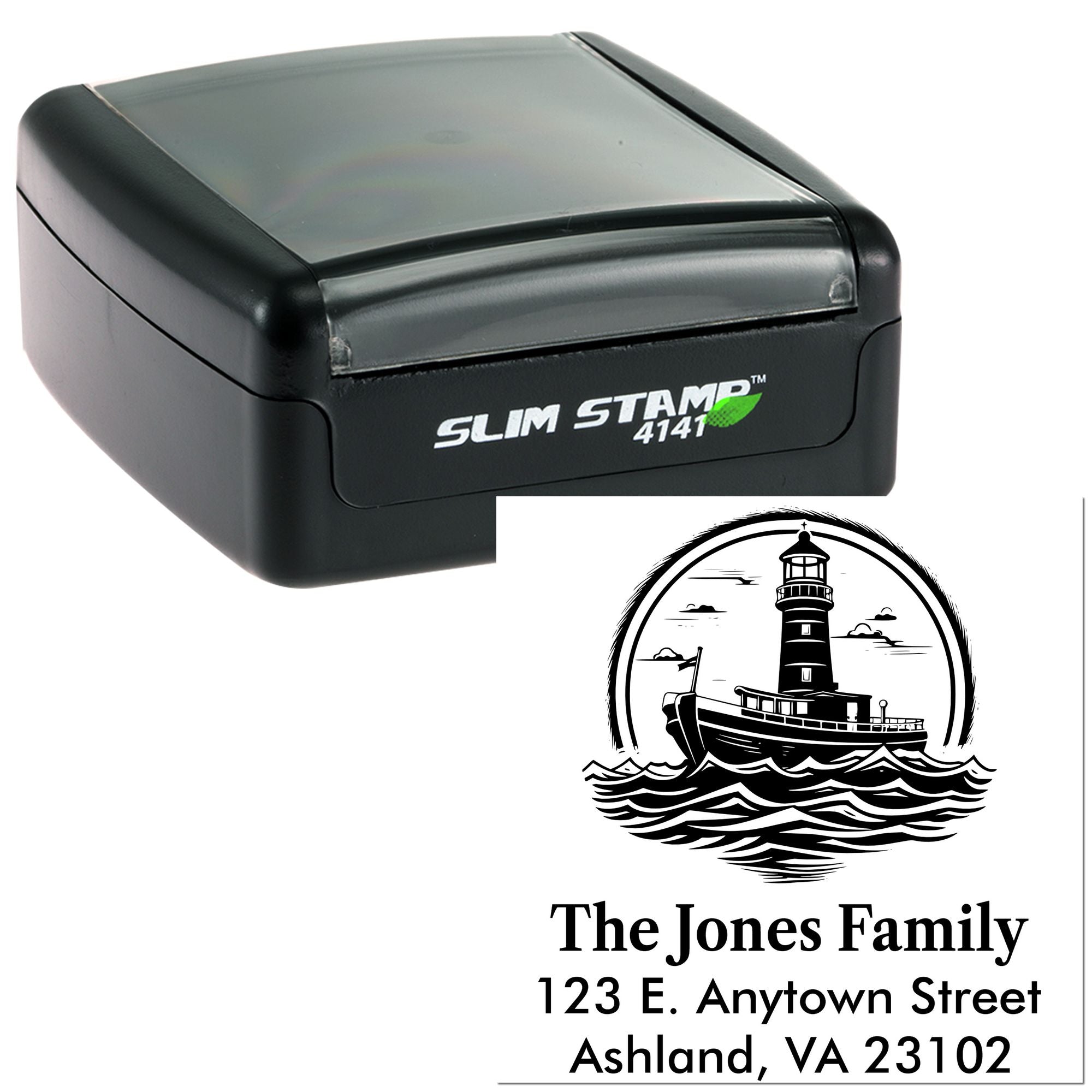 Custom self-inking rubber address stamp with lighthouse design for The Jones Family, Ashland, VA 23102