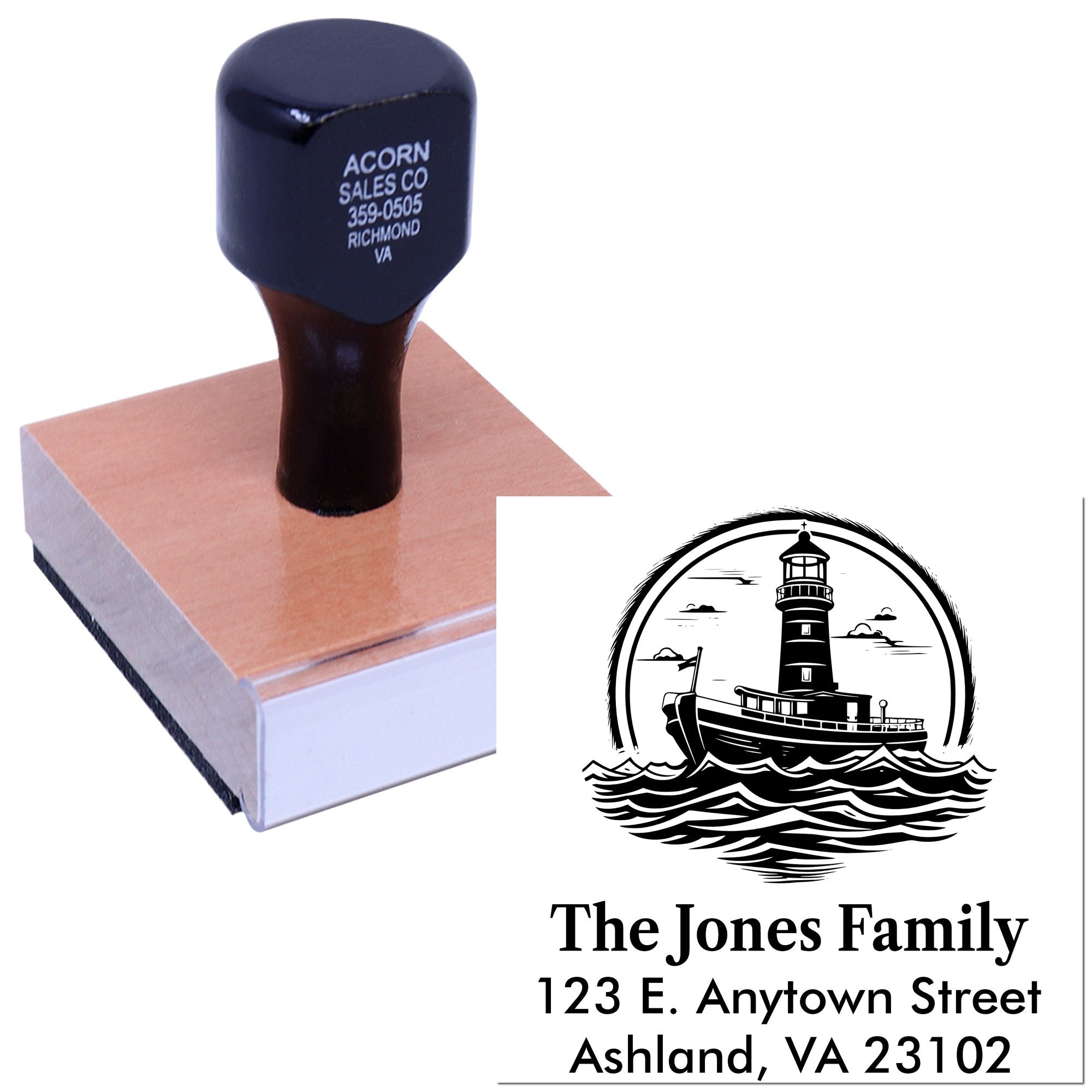 Custom address rubber stamp with lighthouse design, family name, and return address for personalized mailing.