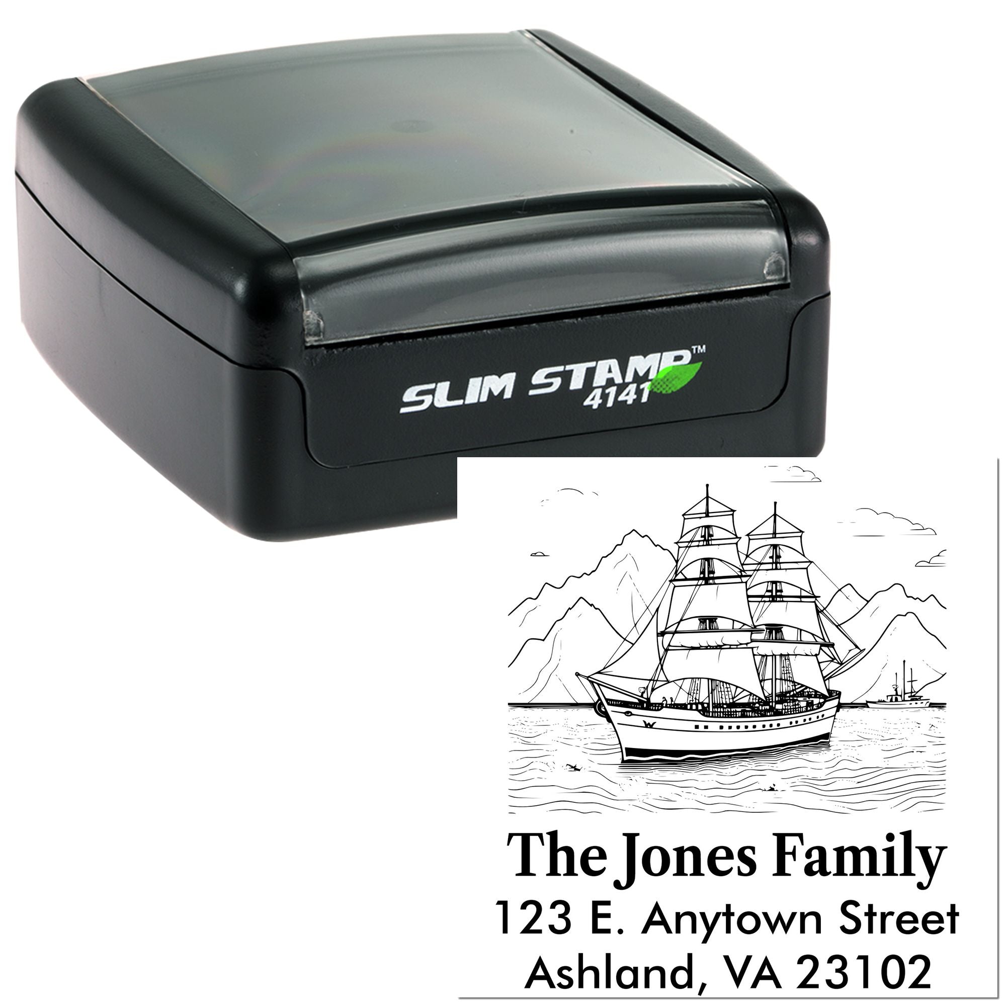 Custom address rubber stamp with sailing ship design, mountains, and family name for personalized self-inking stamping.
