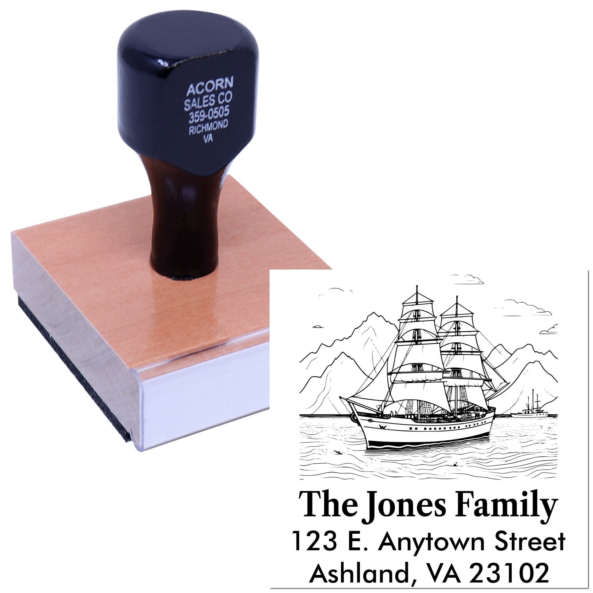 Custom rubber address stamp with ship logo and family name, ideal for personalized return address mailing.