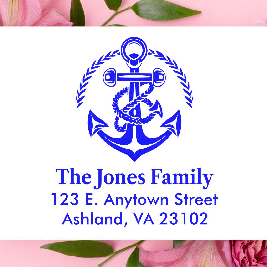 Custom nautical return address rubber stamp for The Jones Family, featuring an anchor design and Ashland, VA address.