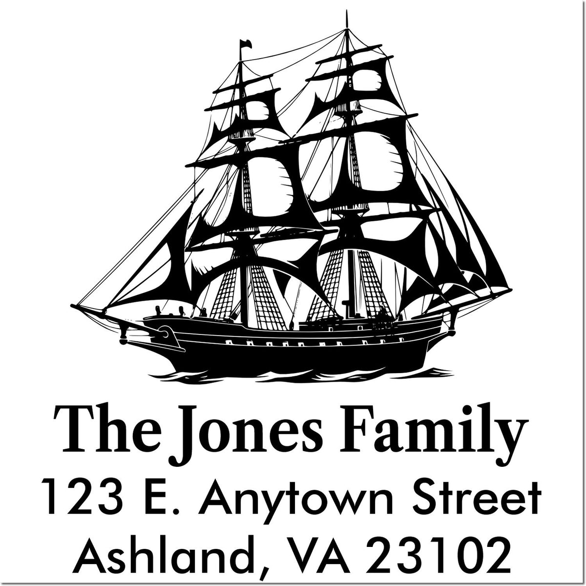 Custom return address rubber stamp with tall ship graphic for The Jones Family, Ashland, VA.