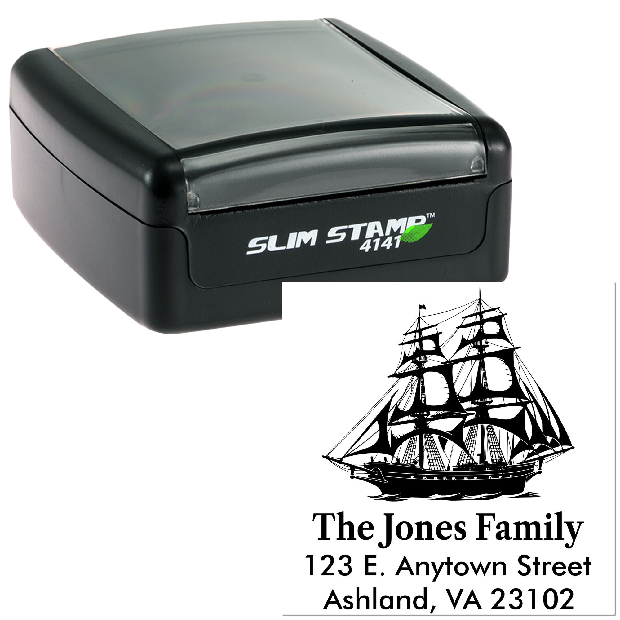 Slim Pre-Inked Mystic Anchorage Silhouette Of A Sailing Ship Custom Inking Address Label Stamper