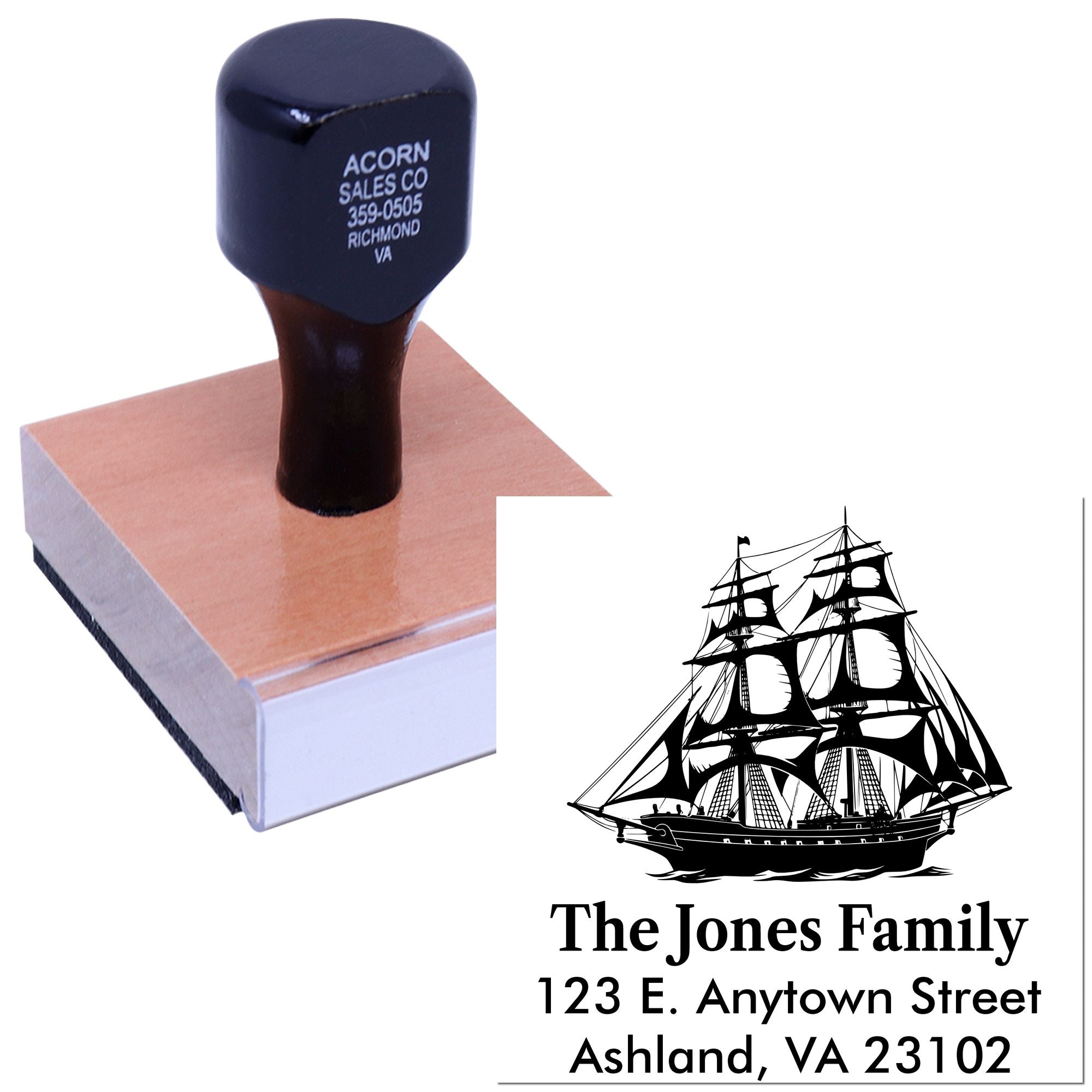 Mystic Anchorage Silhouette Of A Sailing Ship Custom Inking Address Label Stamp with Wood Handle