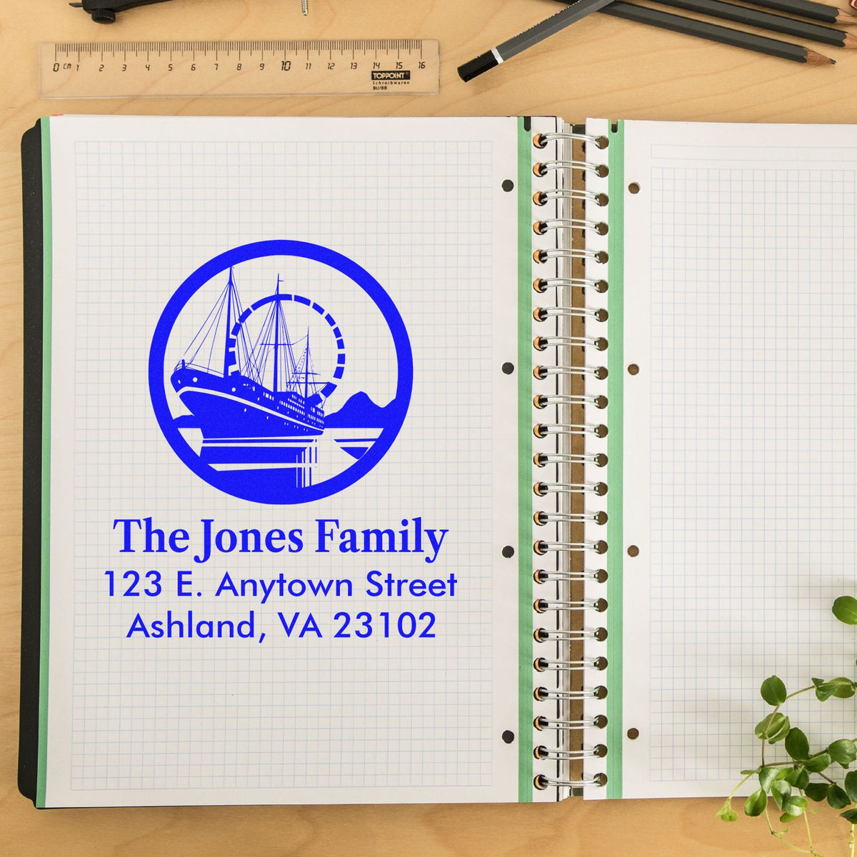 Custom nautical address rubber stamp for The Jones Family with ship logo and Ashland, VA return address.