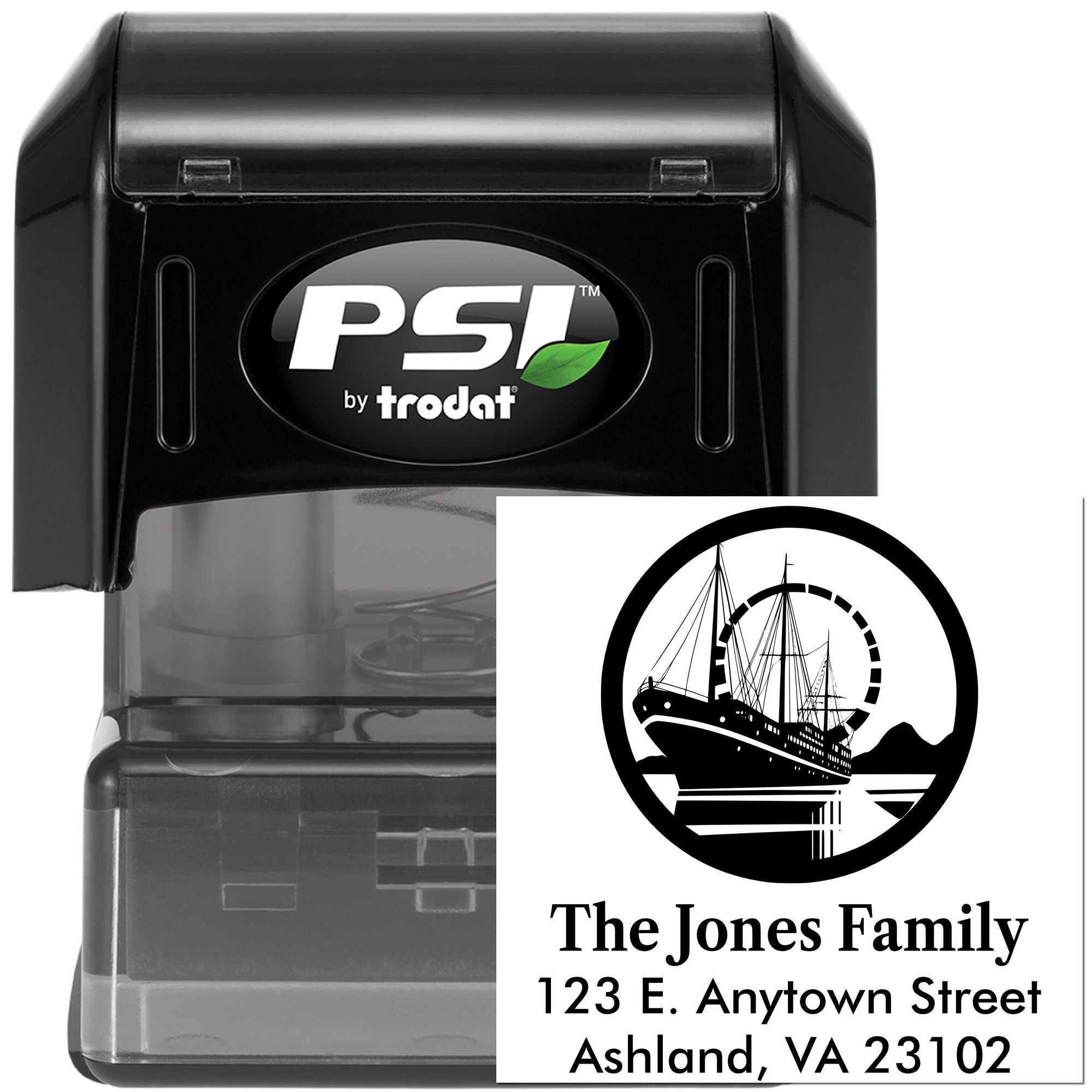 Custom self-inking rubber address stamp with ship logo and return mailing details for personalized home or business use