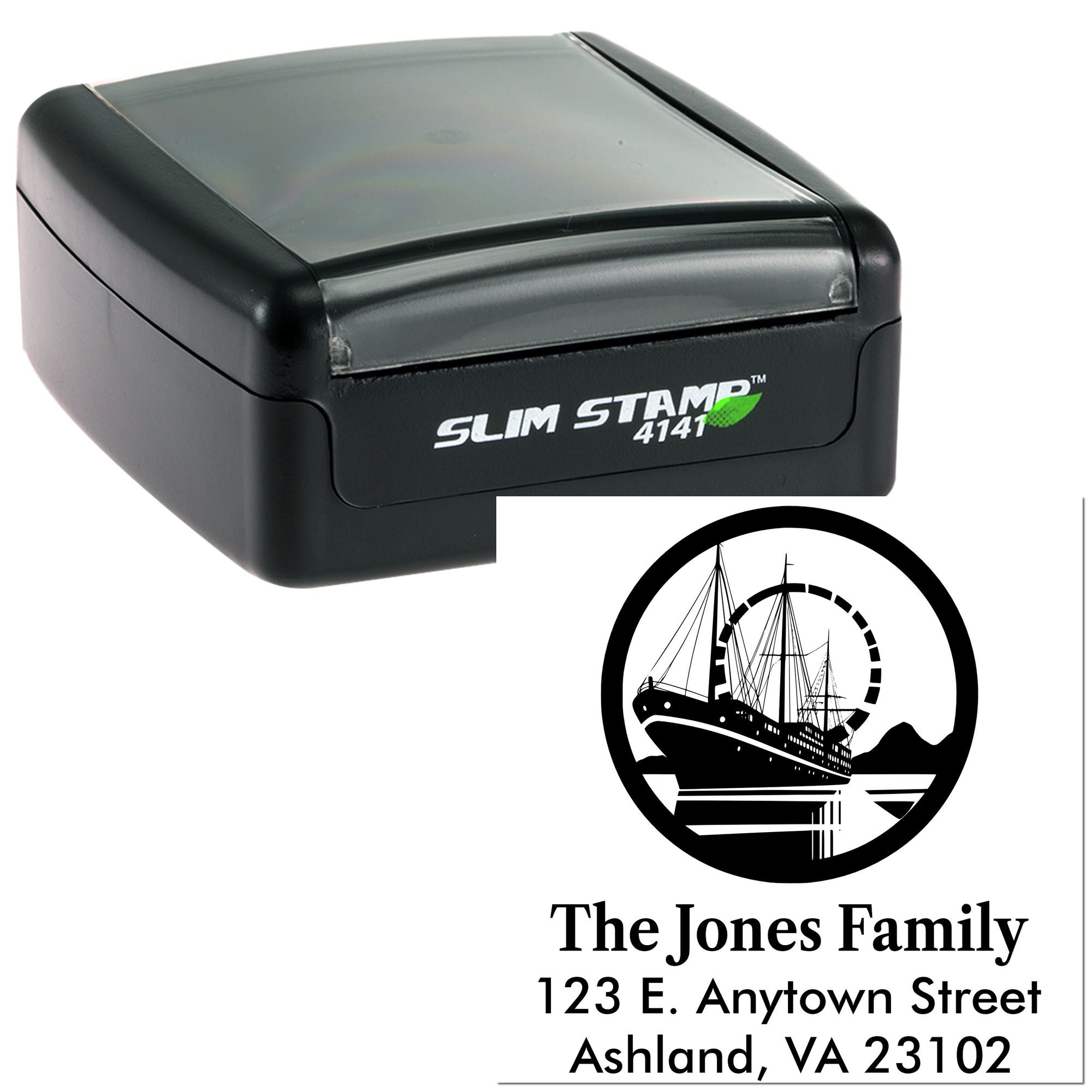 Custom self-inking address rubber stamp with sailboat family return address design and personalized home mailing address.