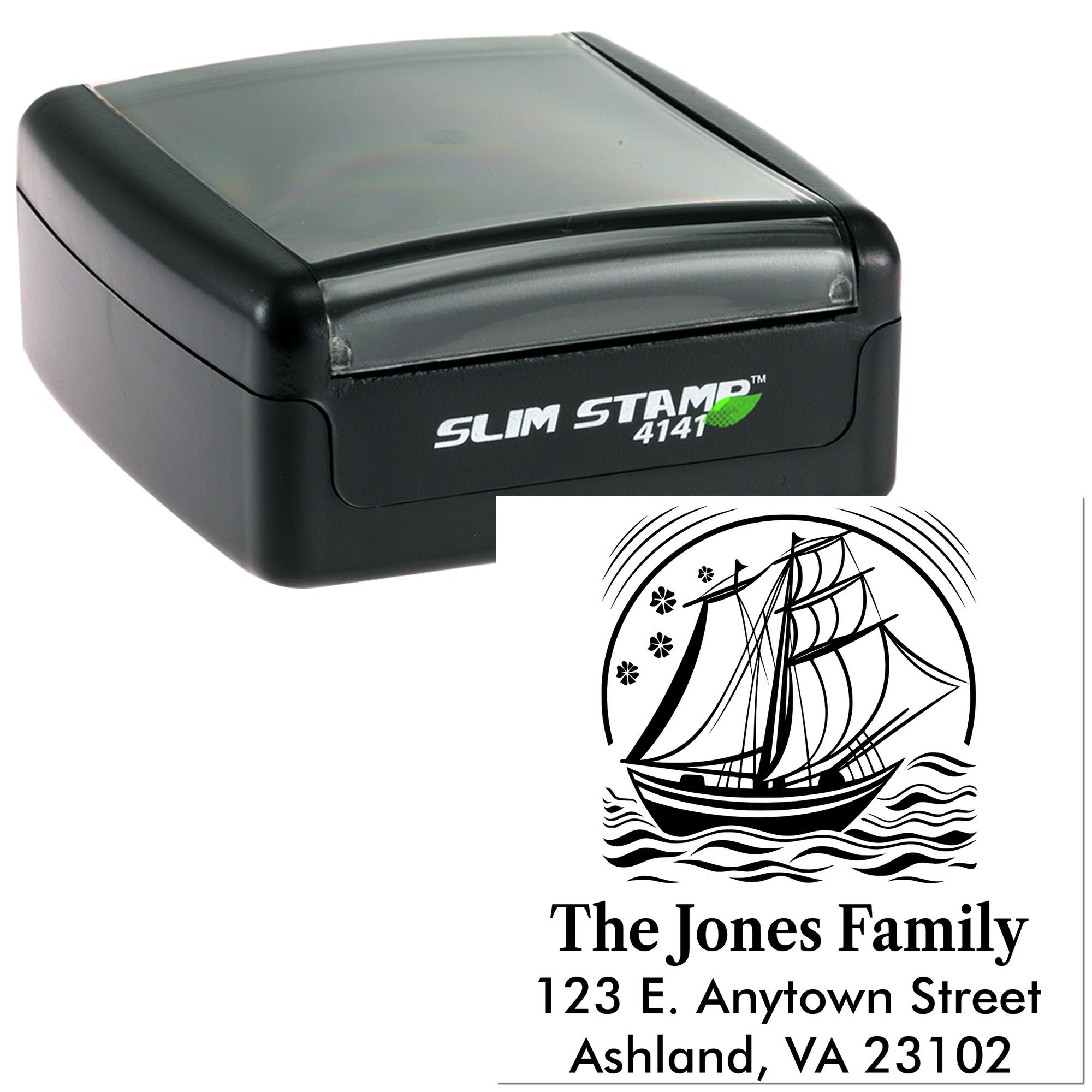 Self-inking rubber stamp with custom sailboat address design for The Jones Family.