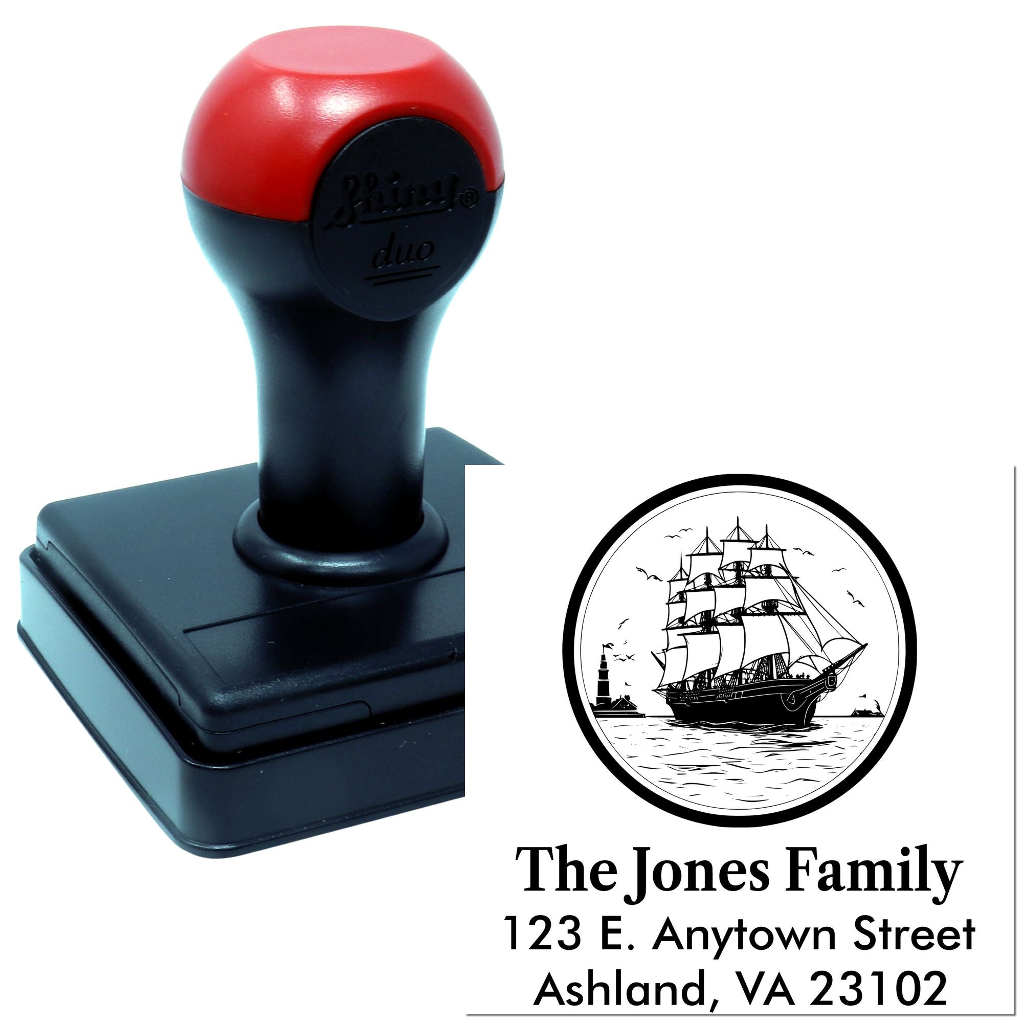 Custom self-inking rubber address stamp with ship logo, The Jones Family, and Ashland, VA return address.
