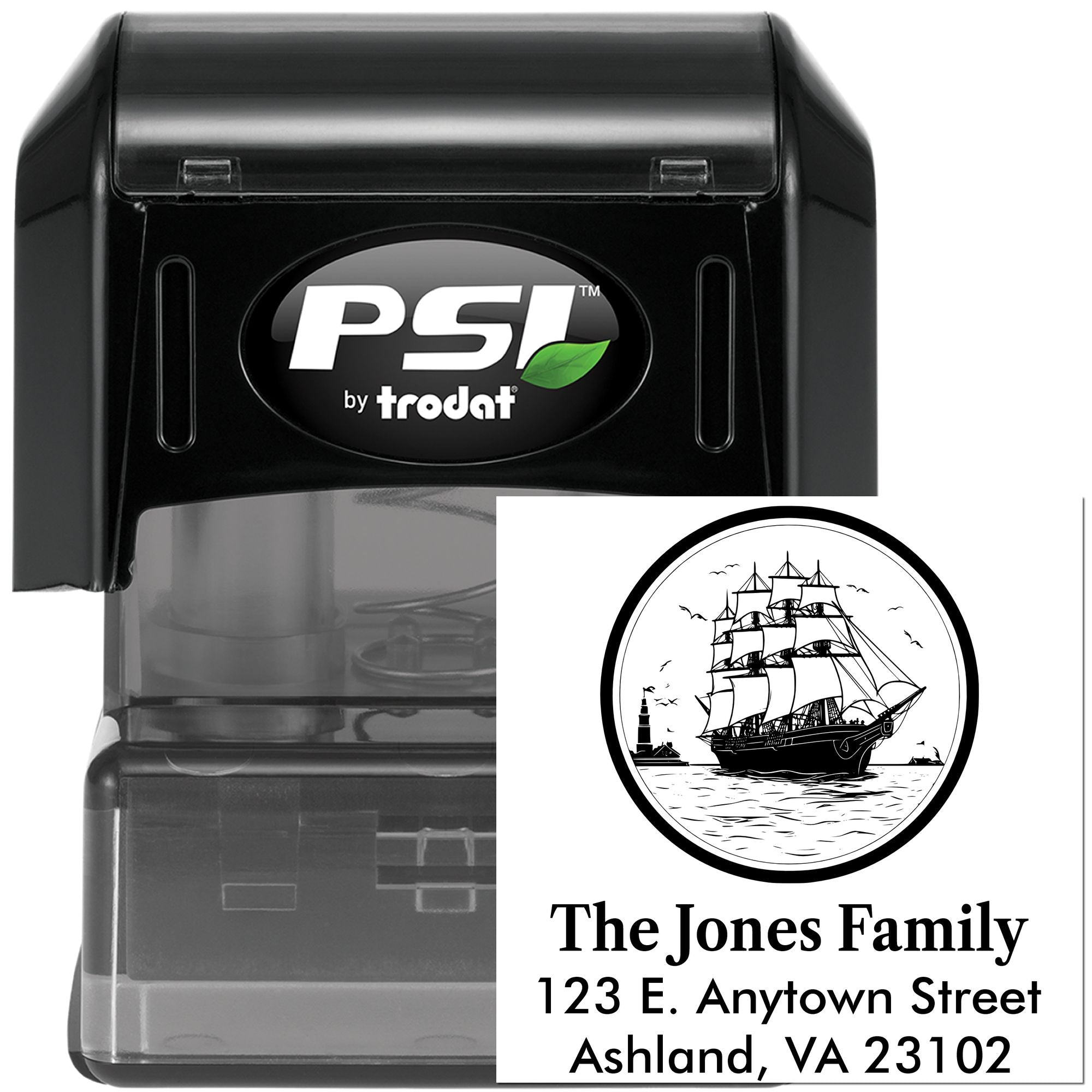 PSI by Trodat self-inking custom family address stamp with ship design for The Jones Family, Ashland, VA.