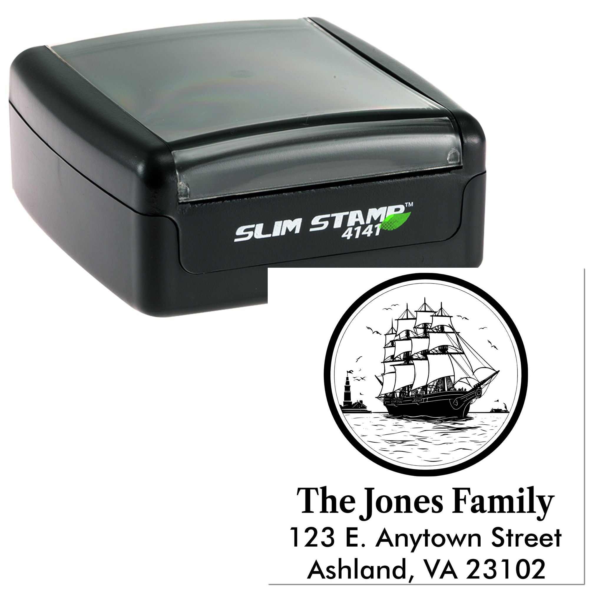 Custom self-inking address rubber stamp with sailboat design for The Jones Family, Ashland, VA 23102.