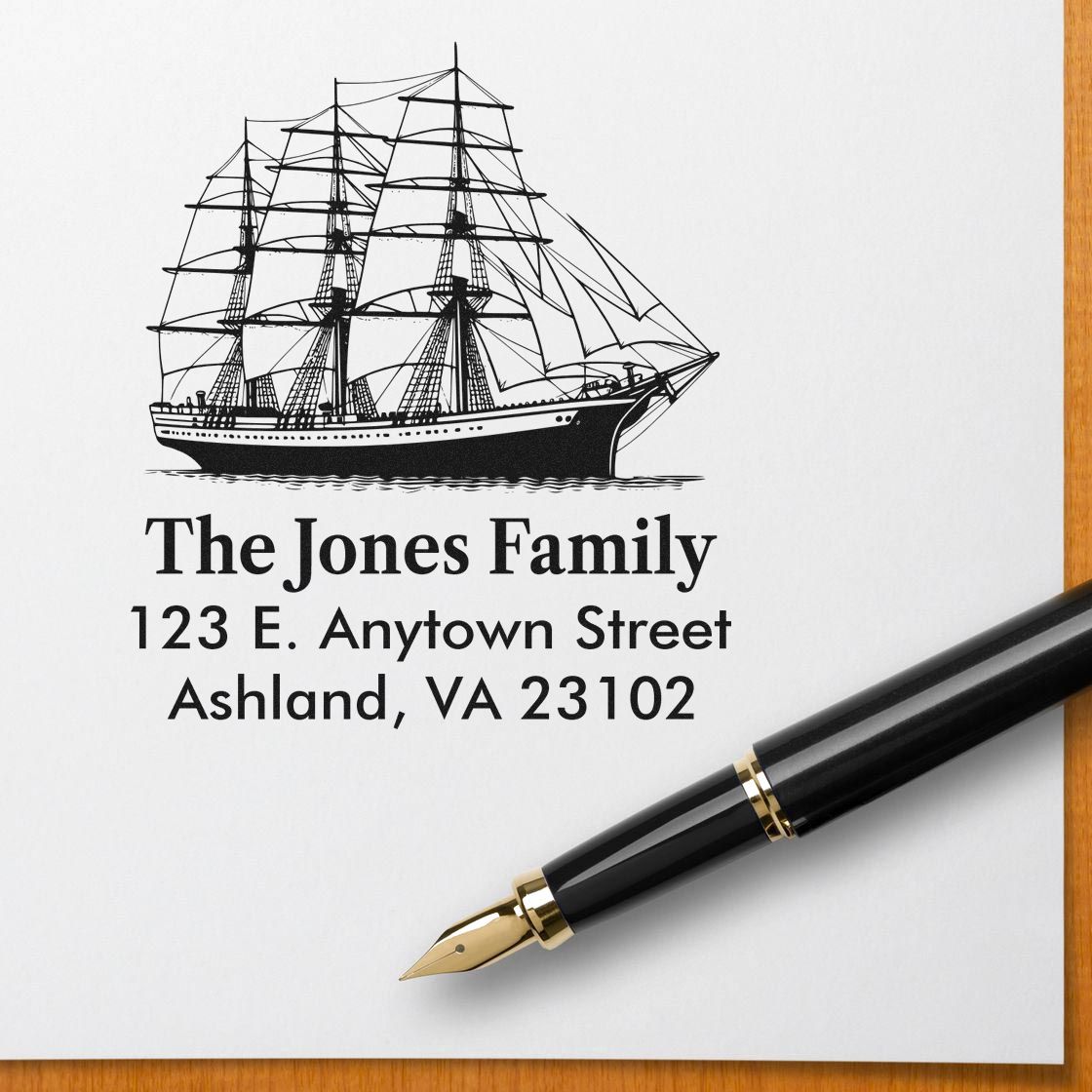 Custom nautical return address rubber stamp with sailing ship, The Jones Family, Ashland VA 23102, for personalized mail.