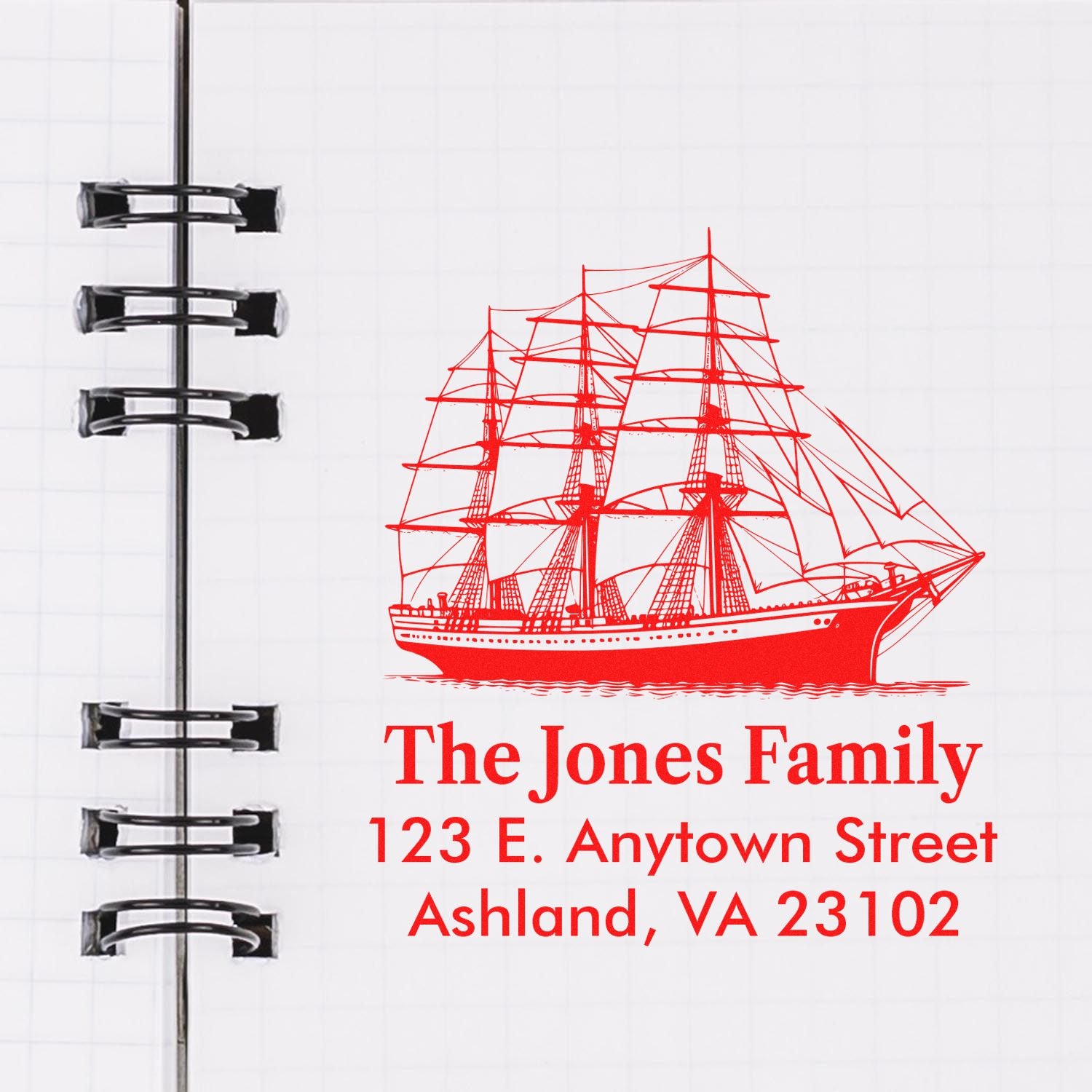 Personalized nautical return address rubber stamp with tall ship design for The Jones Family, Ashland VA 23102.